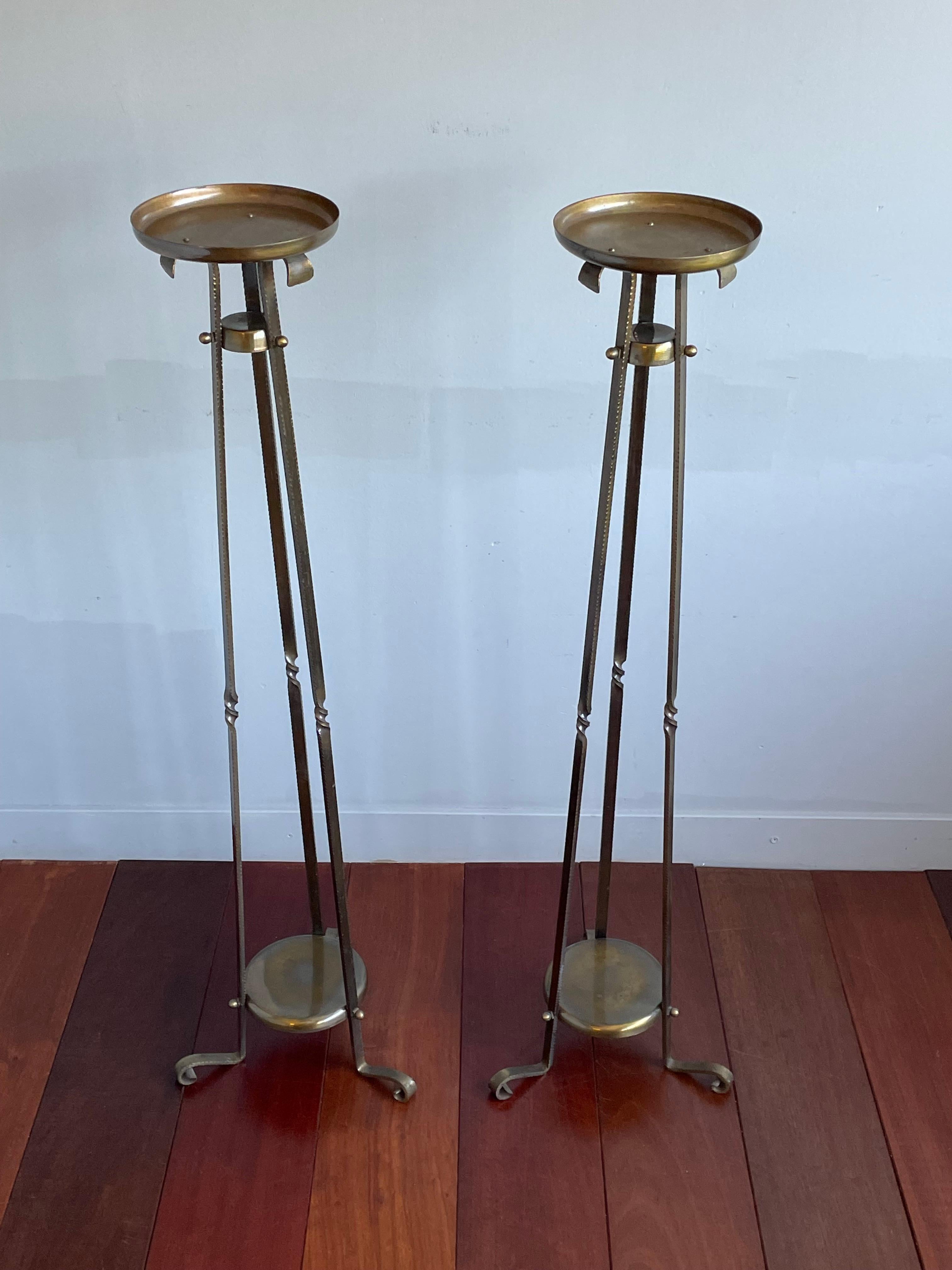 Stunning Pair of Forged Brass Arts and Crafts Church Altar Floor Candle Stands For Sale 3