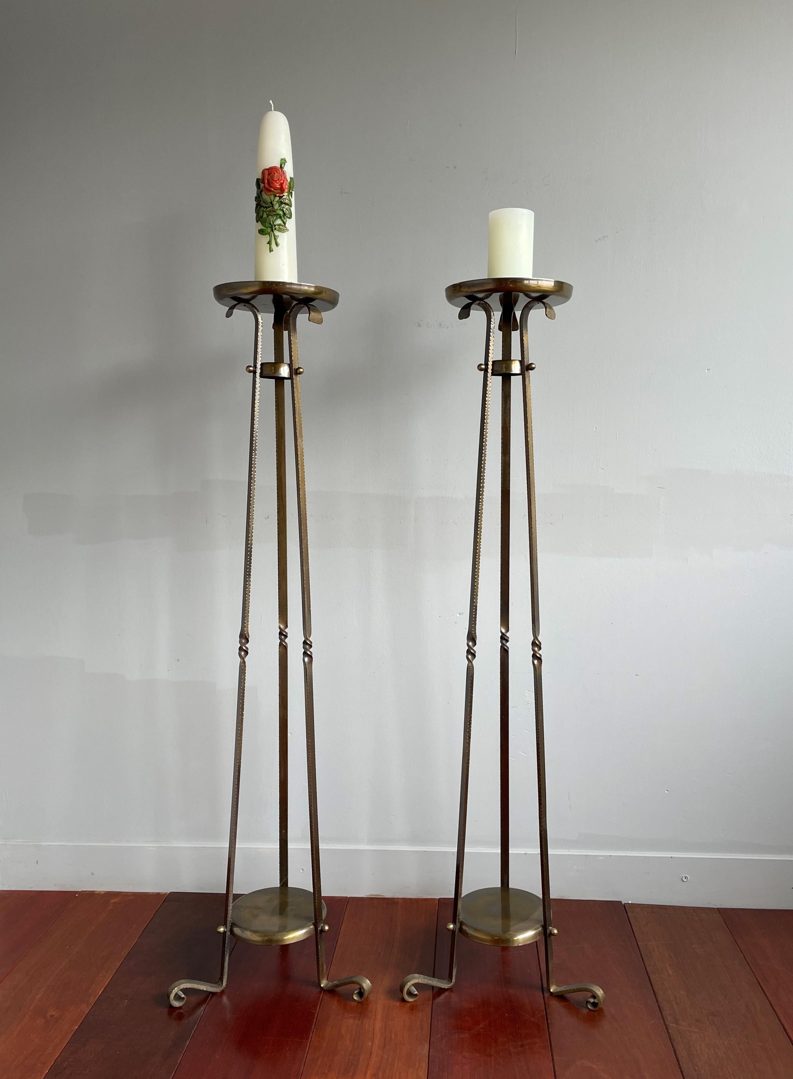 Stunning Pair of Forged Brass Arts and Crafts Church Altar Floor Candle Stands For Sale 4
