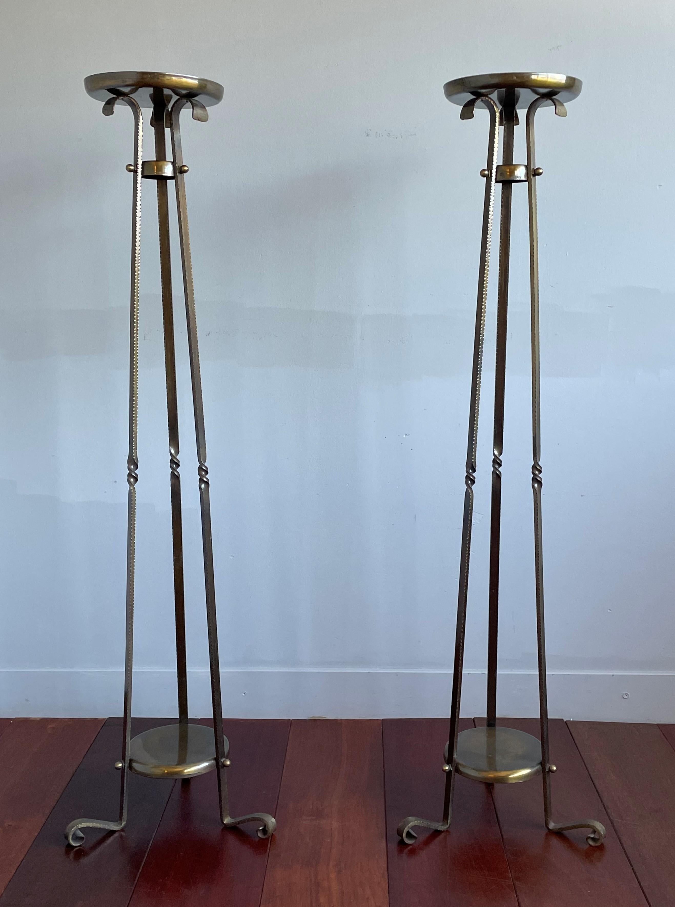 Stunning Pair of Forged Brass Arts and Crafts Church Altar Floor Candle Stands For Sale 12