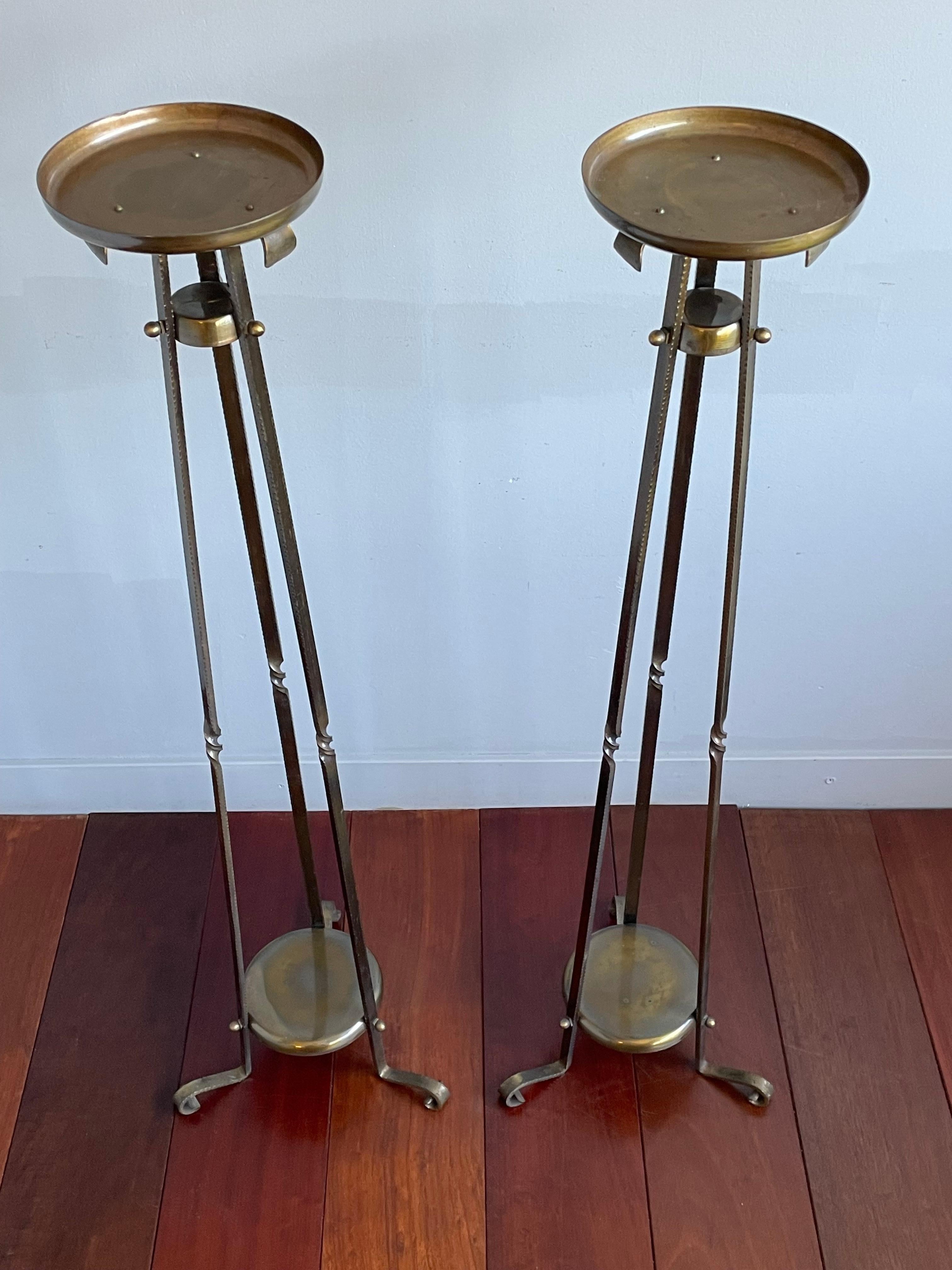 Bronzed Stunning Pair of Forged Brass Arts and Crafts Church Altar Floor Candle Stands For Sale
