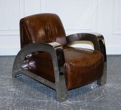 STUNNING PAIR OF FRENCH ART DECO CHROME AVIATOR HERITAGE BROWN LEATHER ARMCHAiRS