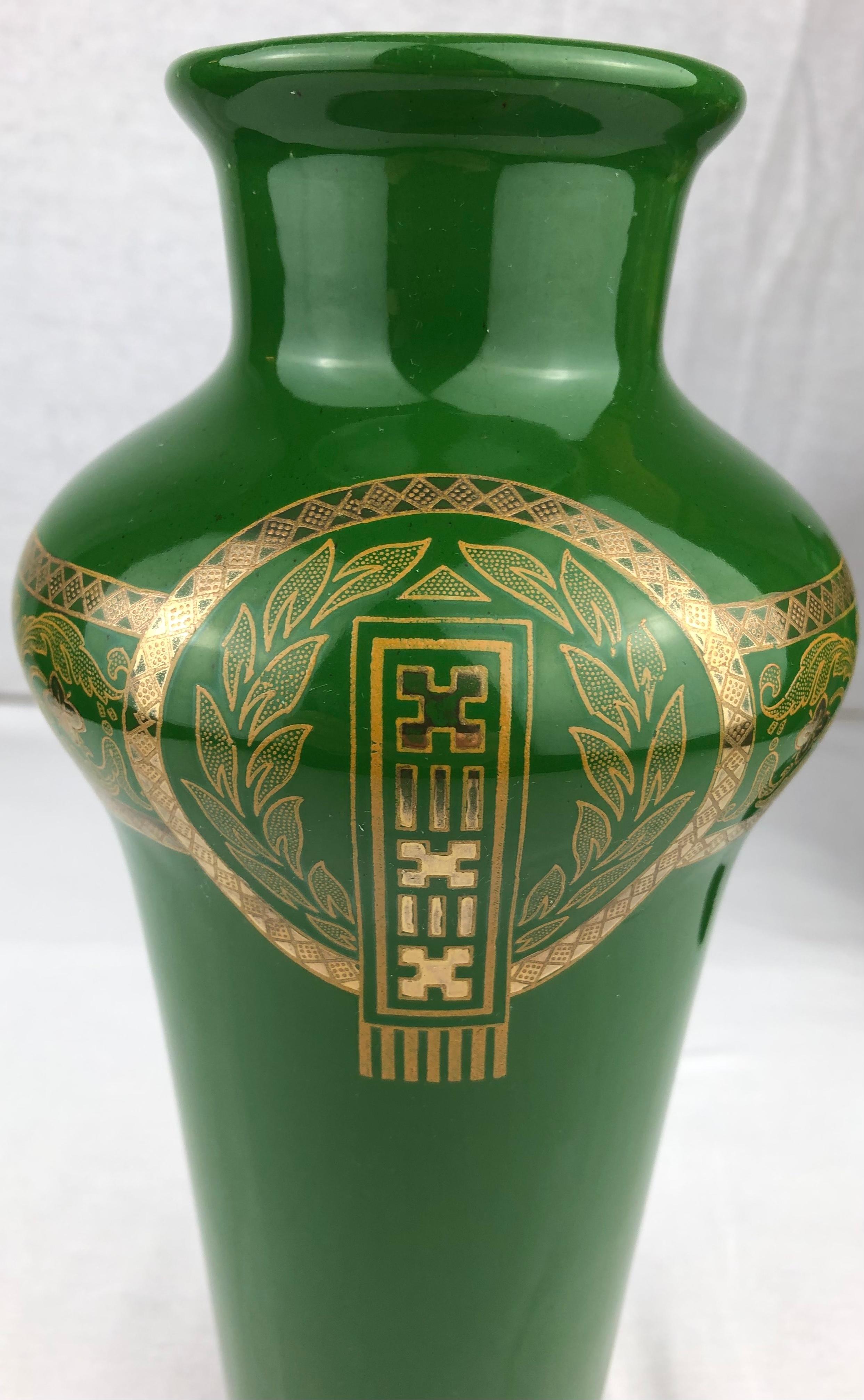 Art Nouveau Pair of French Art Deco Porcelain Vases by Sarreguemines Green & Gold For Sale