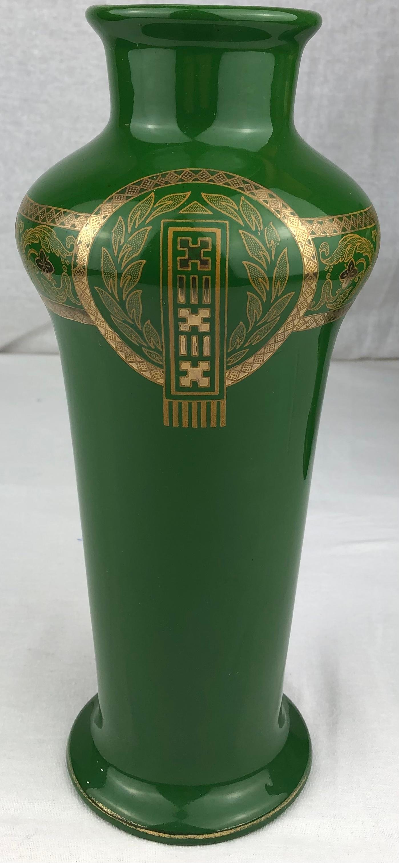 Pair of French Art Deco Porcelain Vases by Sarreguemines Green & Gold In Good Condition For Sale In Miami, FL