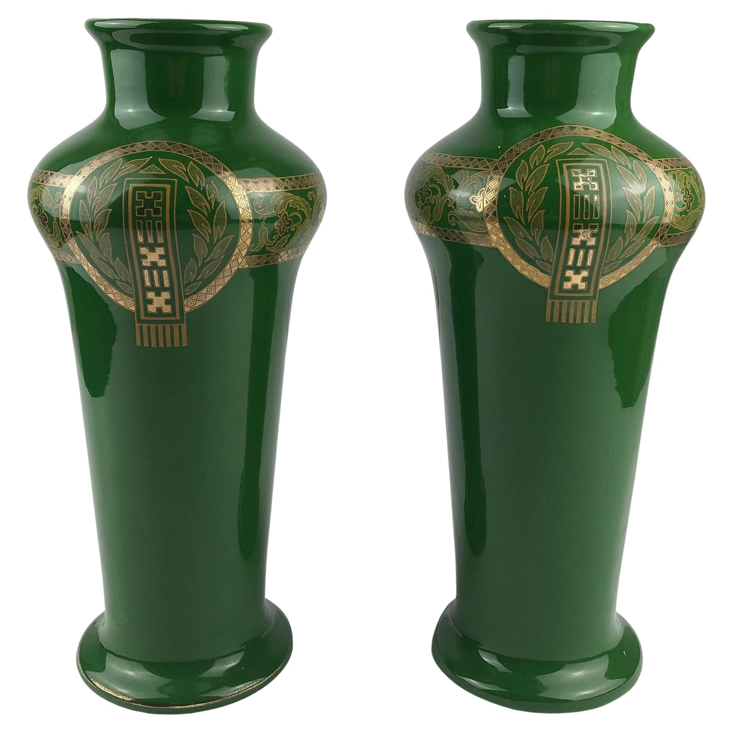 Pair of French Art Deco Porcelain Vases by Sarreguemines Green & Gold For Sale