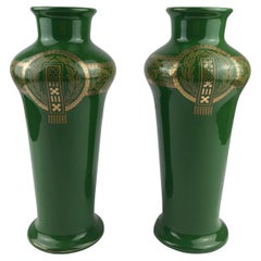 Stunning Pair of French Art Deco Porcelain Vases by Sarreguemines, Green & Gold