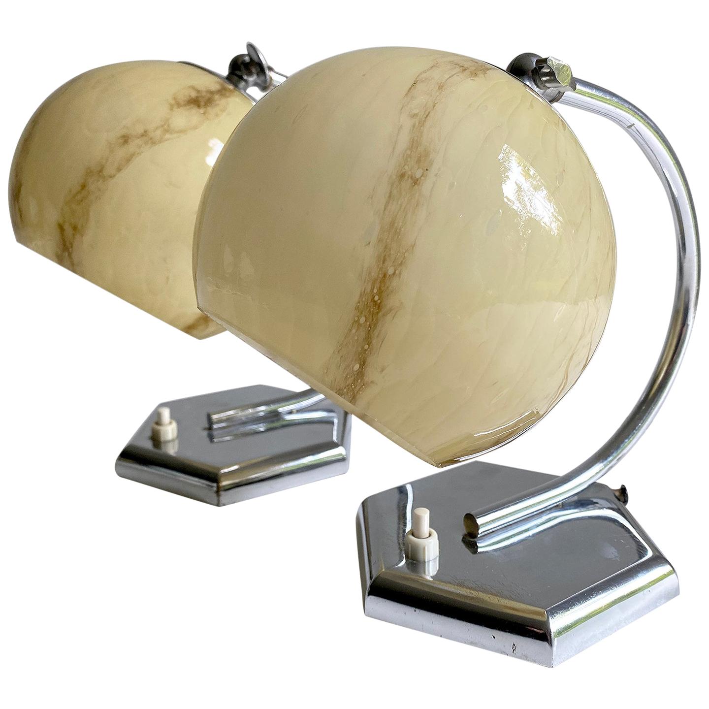 Pair of 1930s Art Deco Bauhaus Table Lamps Lights, Opaline Marble Glass Chrome For Sale