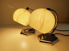 Pair of 1930s Art Deco Bauhaus Table Lamps Lights, Opaline Marble Glass Chrome