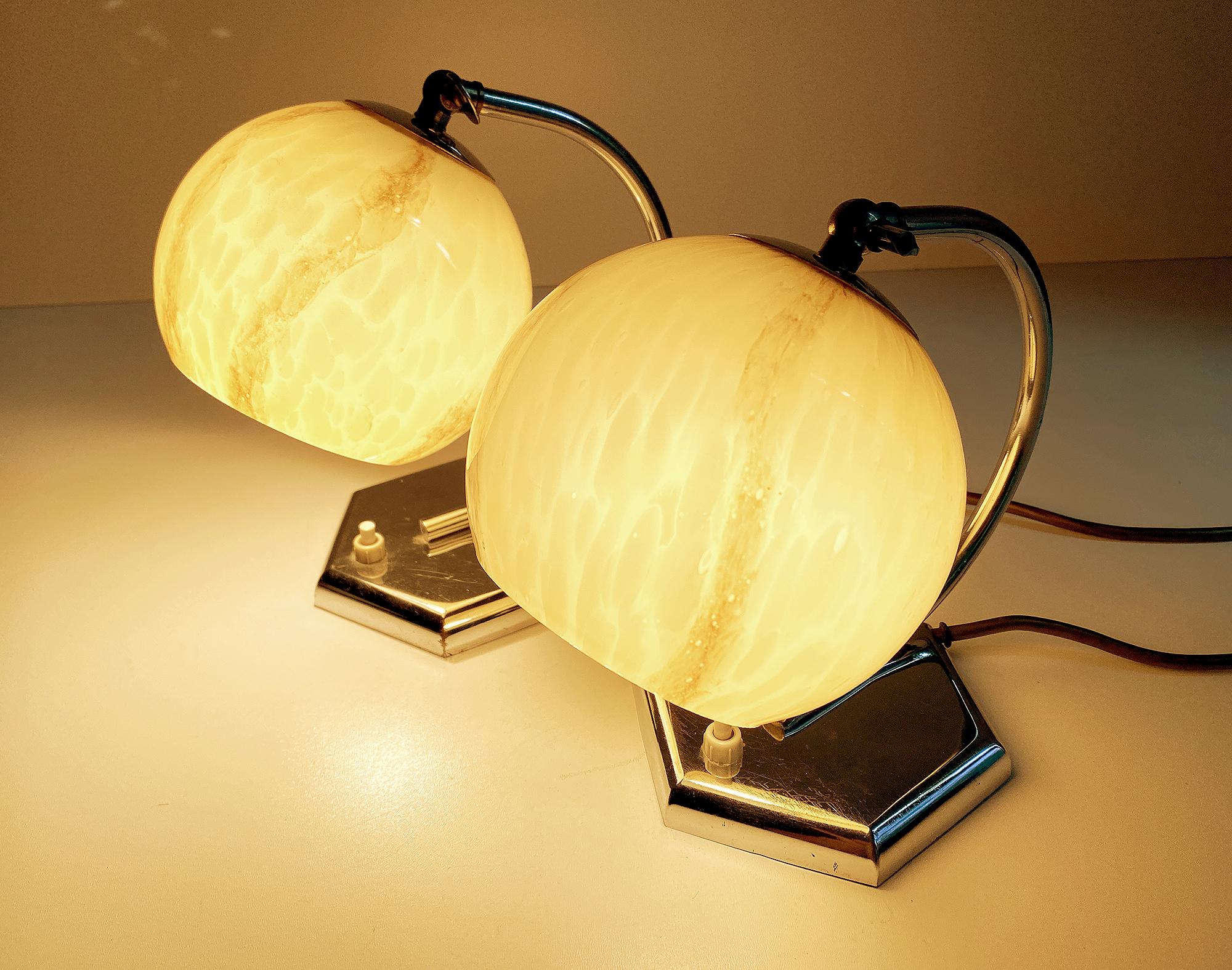 Mid-20th Century Pair of 1930s Art Deco Bauhaus Table Lamps Lights, Opaline Marble Glass Chrome For Sale