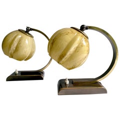 Pair of  1930s Art Deco Bauhaus Table Lamps, Glass Brass