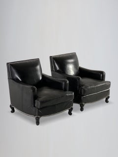 Stunning Pair of French Black Leather Club Armchairs