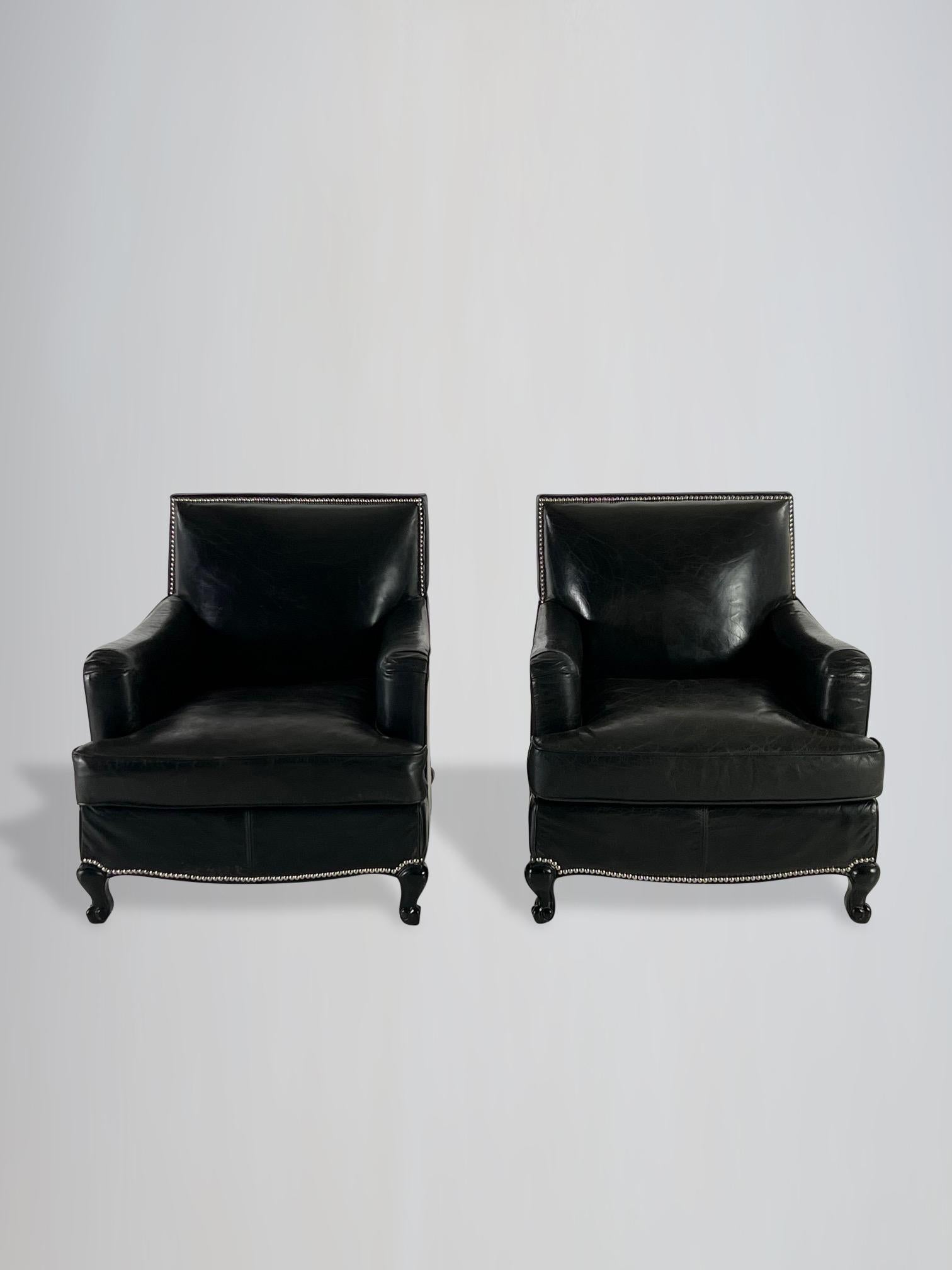 French Provincial Stunning Pair of French Black Leather Club Armchairs For Sale