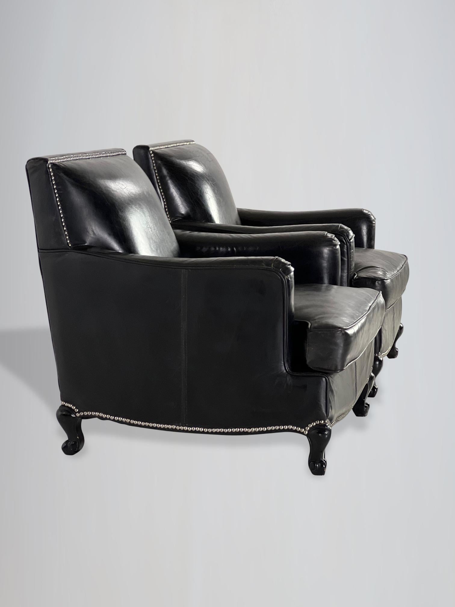 Hand-Crafted Stunning Pair of French Black Leather Club Armchairs For Sale
