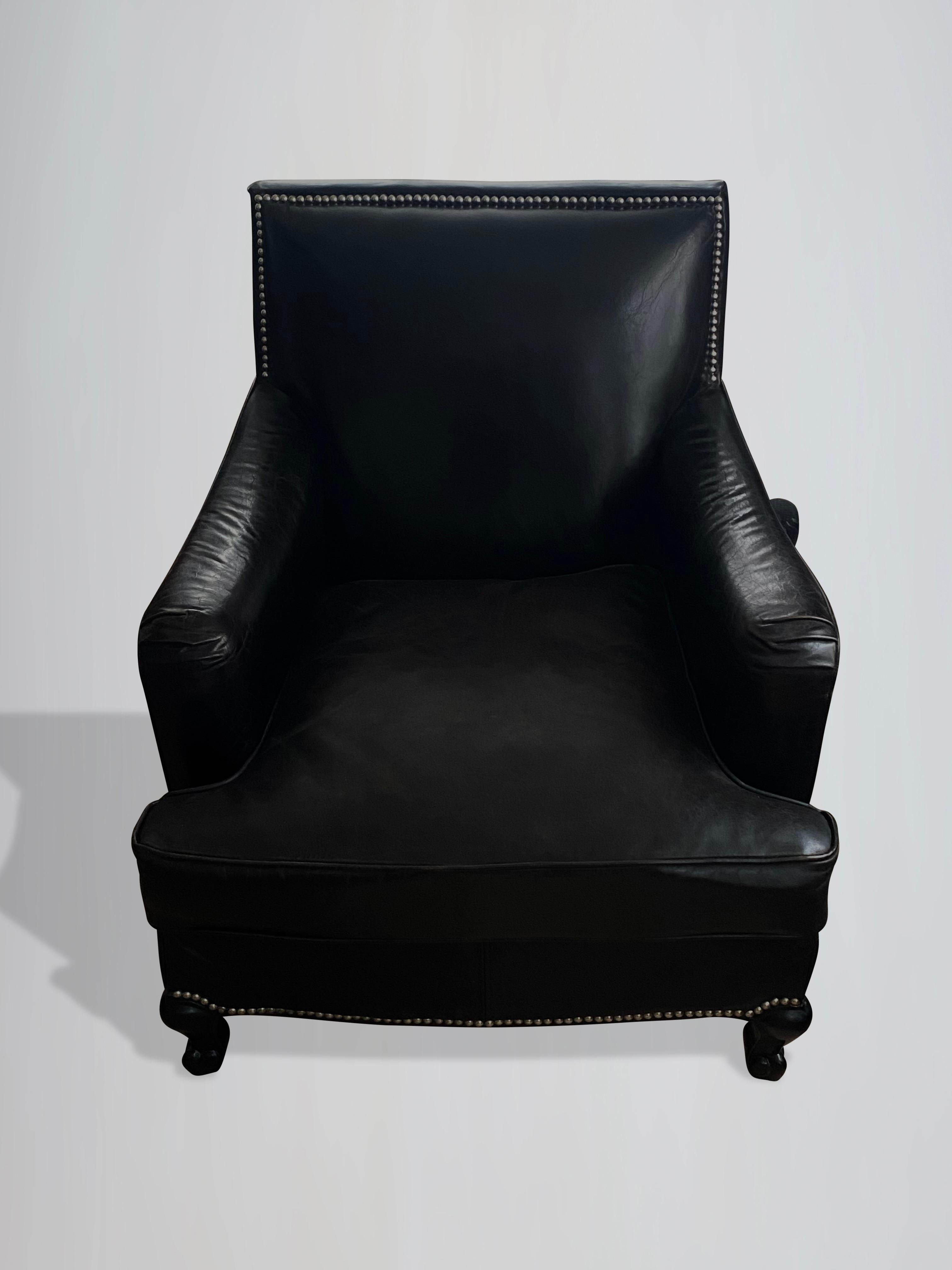 Stunning Pair of French Black Leather Club Armchairs For Sale 2