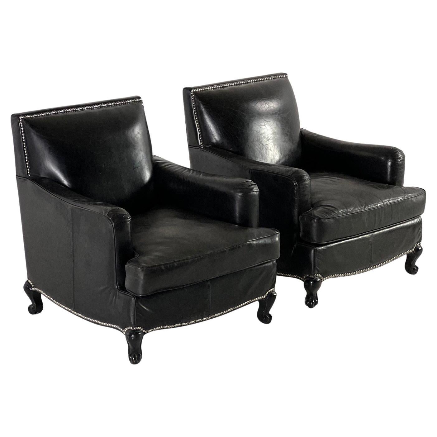Stunning Pair of French Black Leather Club Armchairs For Sale
