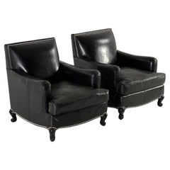 Vintage Stunning Pair of French Black Leather Club Armchairs