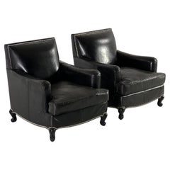 Impresionante Pareja de Sillones Club Franceses de Cuero Negro