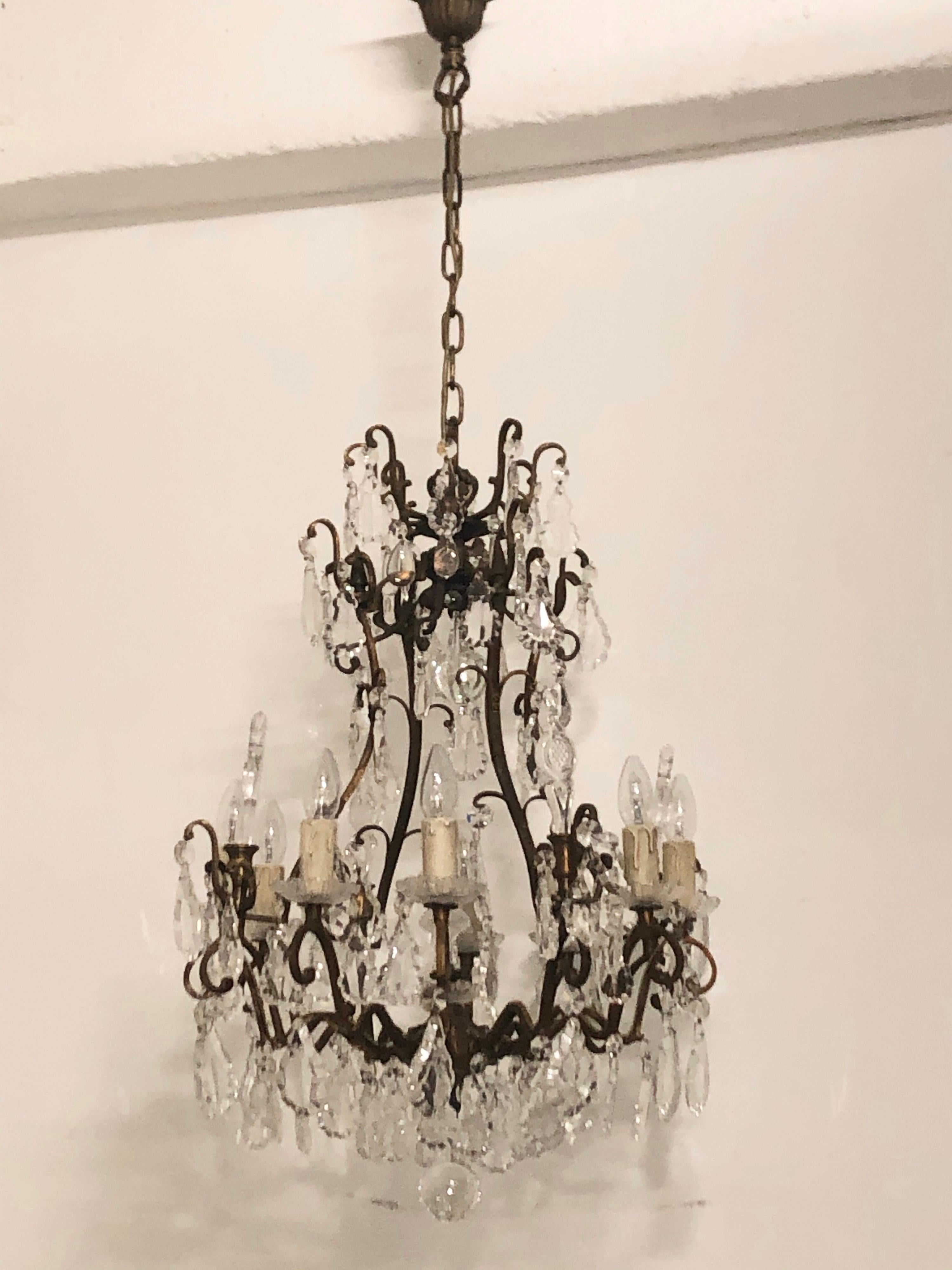 Late 20th Century Stunning Pair of French Bronze and Crystal Chandeliers