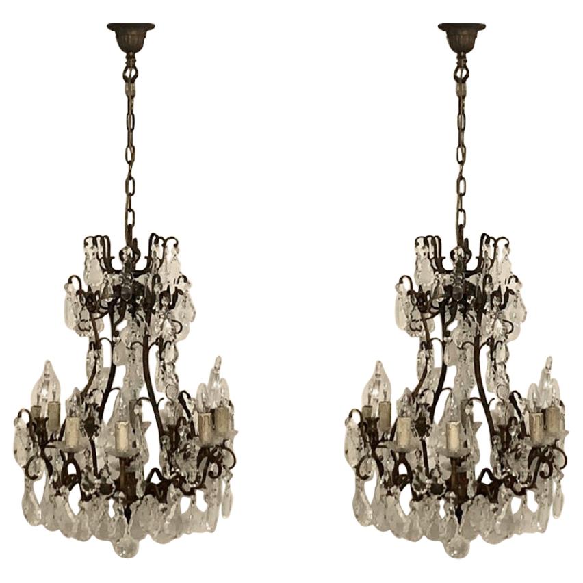 Stunning Pair of French Bronze and Crystal Chandeliers