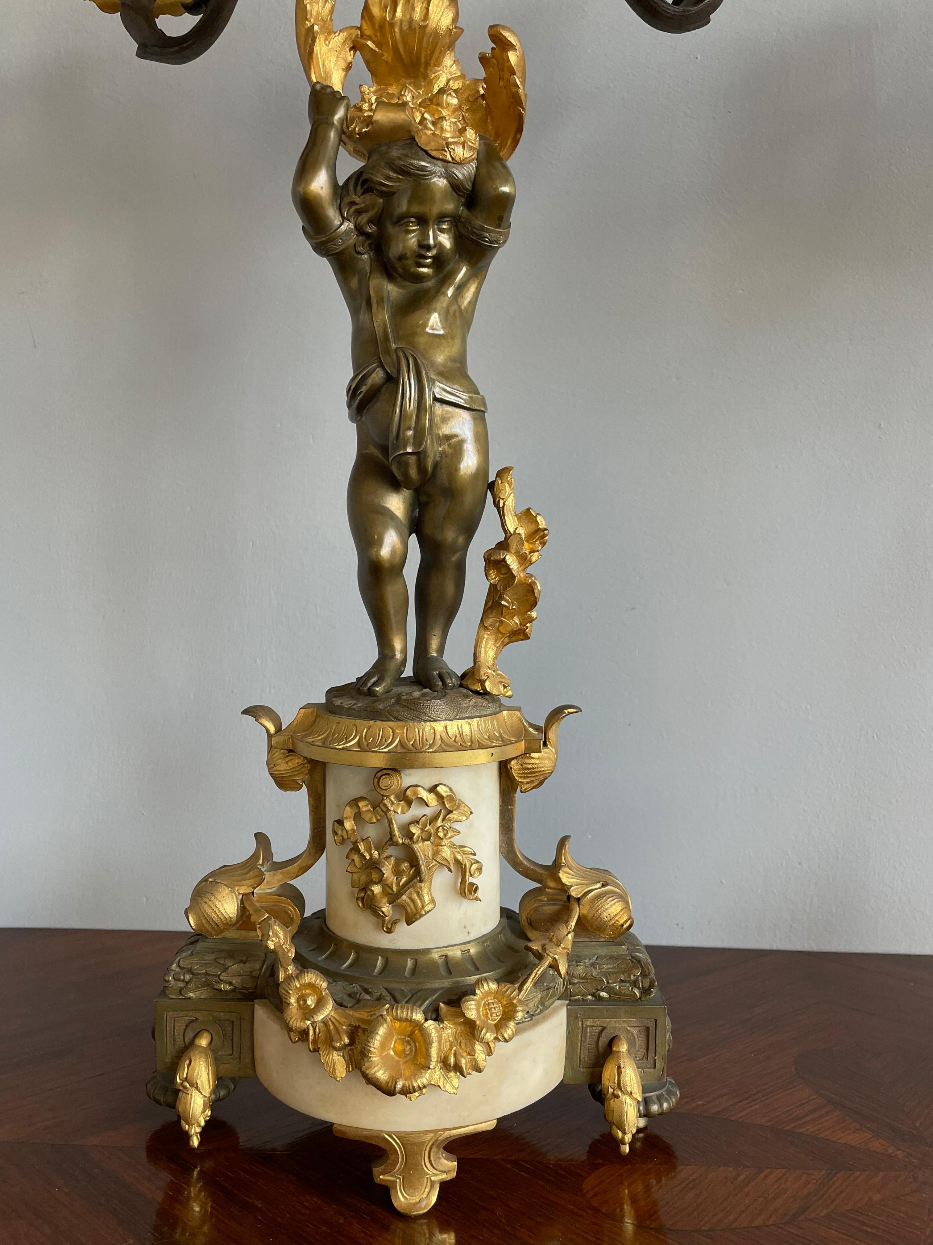 Hand-Crafted Stunning Pair of French Louis XVI Style Gilt Bronze & Marble Candle Candelabras For Sale