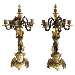 Stunning Pair of French Louis XVI Style Gilt Bronze & Marble Candle Candelabras