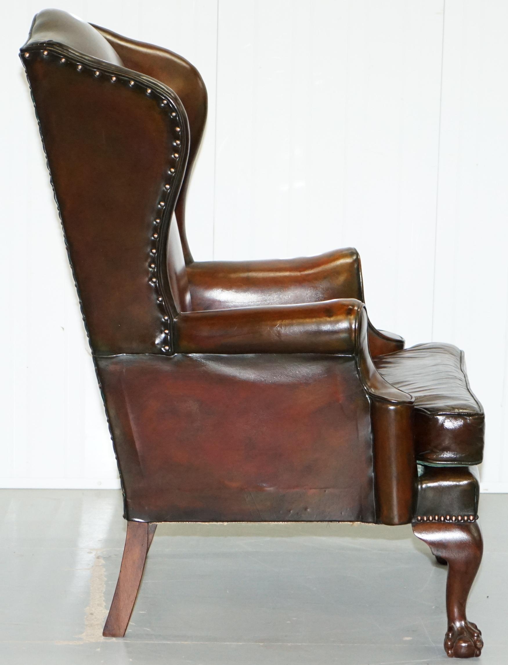 Stunning Pair of Fully Restored Claw and Wingback Cigar Brown Leather Armchairs 4