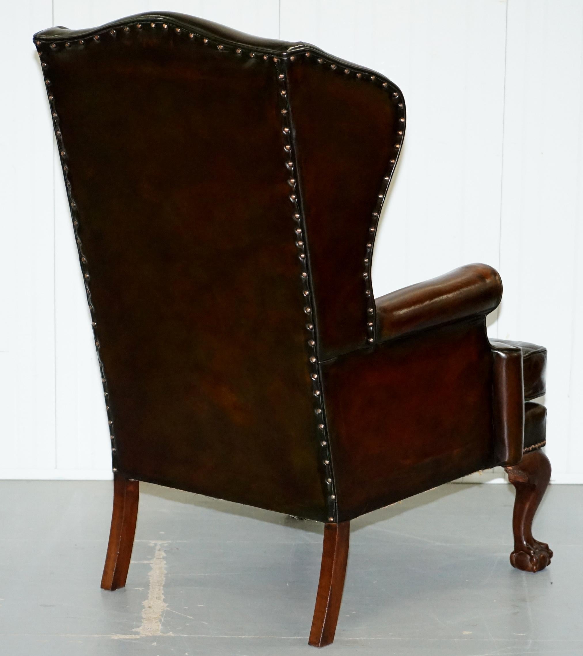 Stunning Pair of Fully Restored Claw and Wingback Cigar Brown Leather Armchairs 5