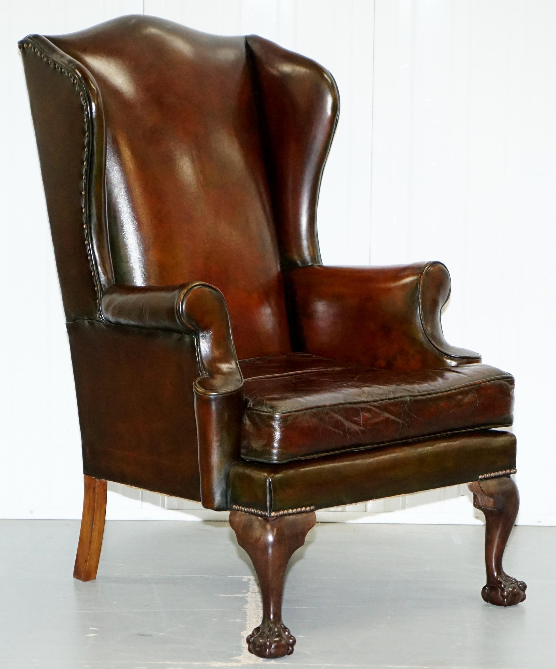 Stunning Pair of Fully Restored Claw and Wingback Cigar Brown Leather Armchairs 7