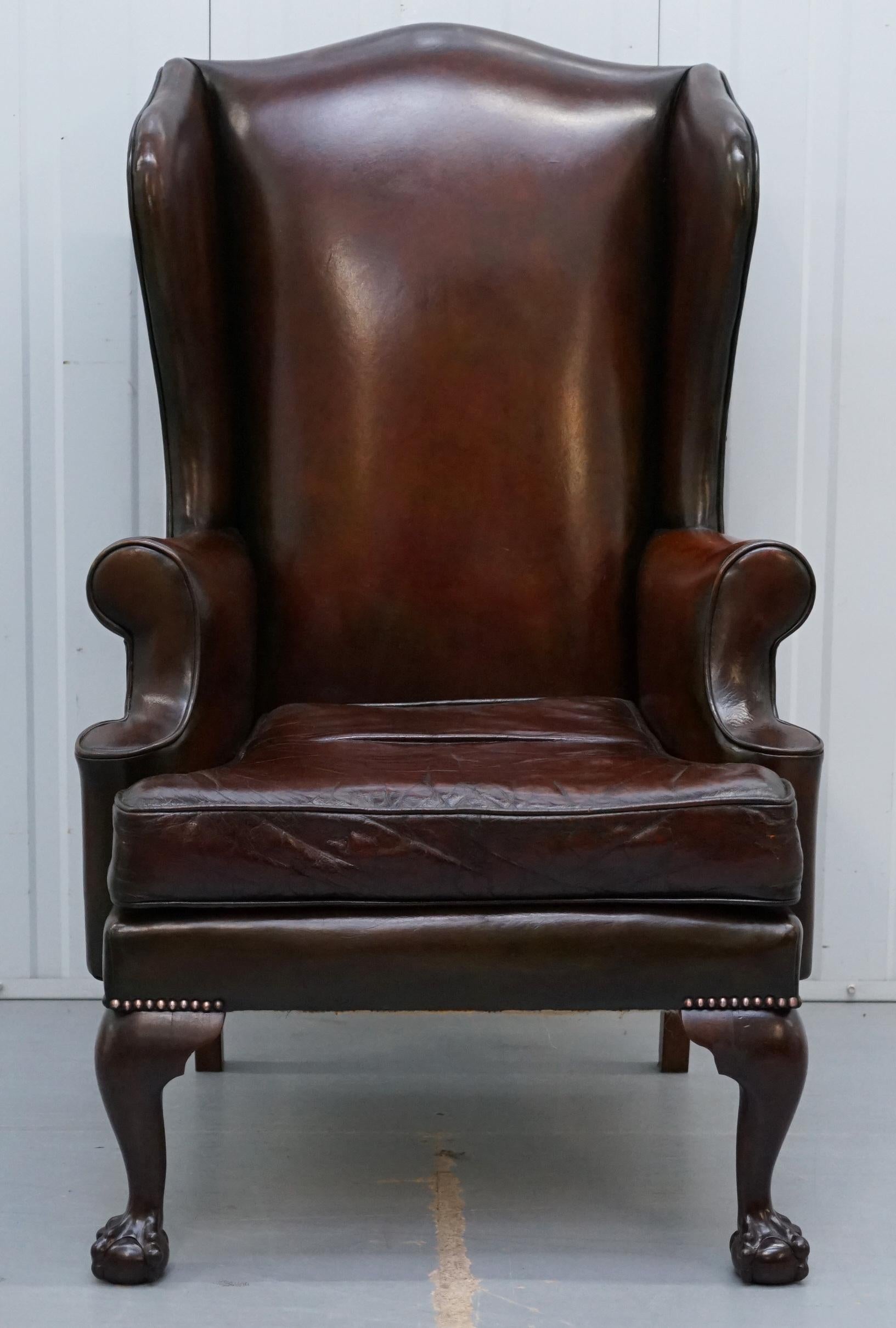 Stunning Pair of Fully Restored Claw and Wingback Cigar Brown Leather Armchairs 8