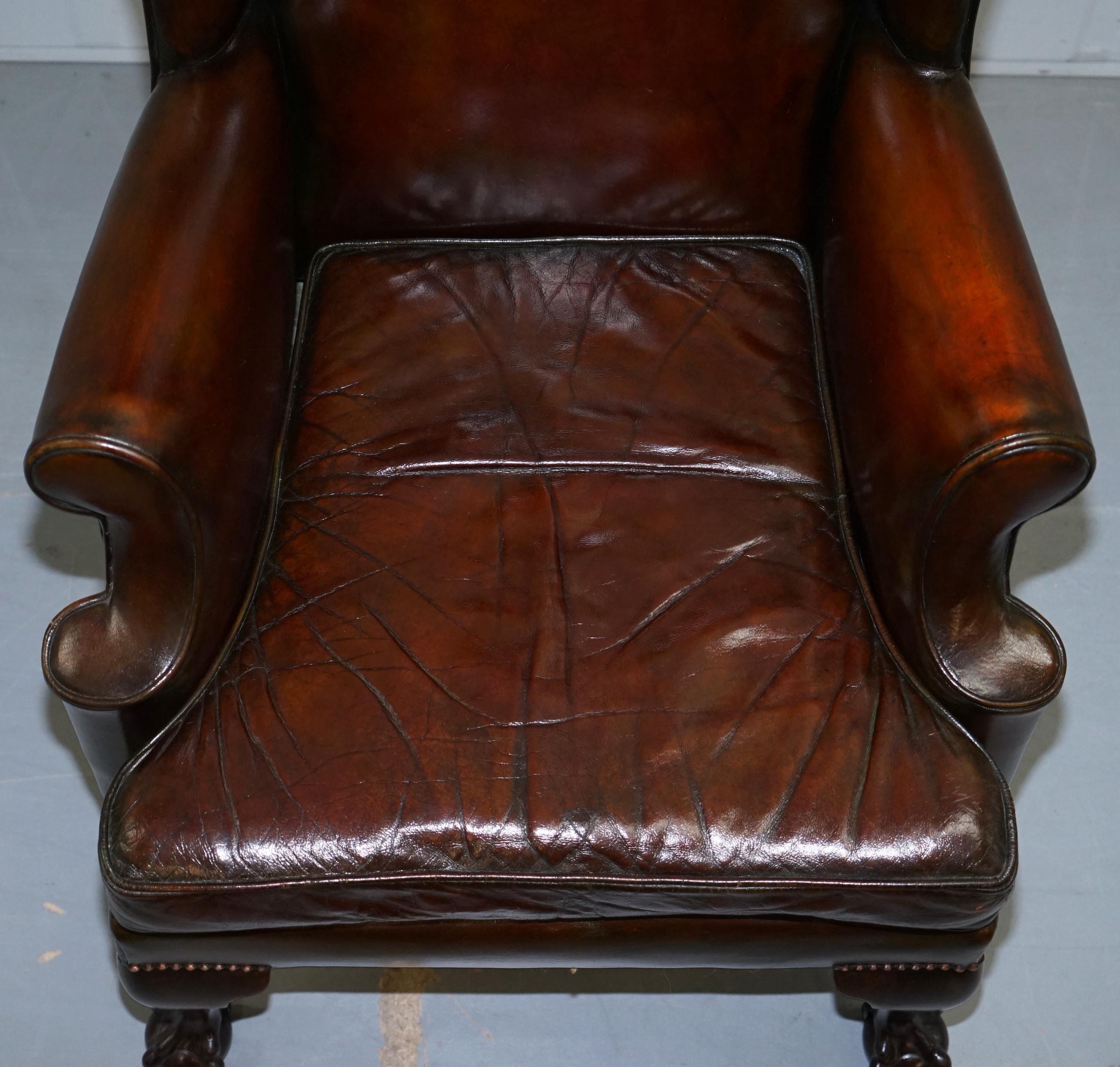 Stunning Pair of Fully Restored Claw and Wingback Cigar Brown Leather Armchairs 9