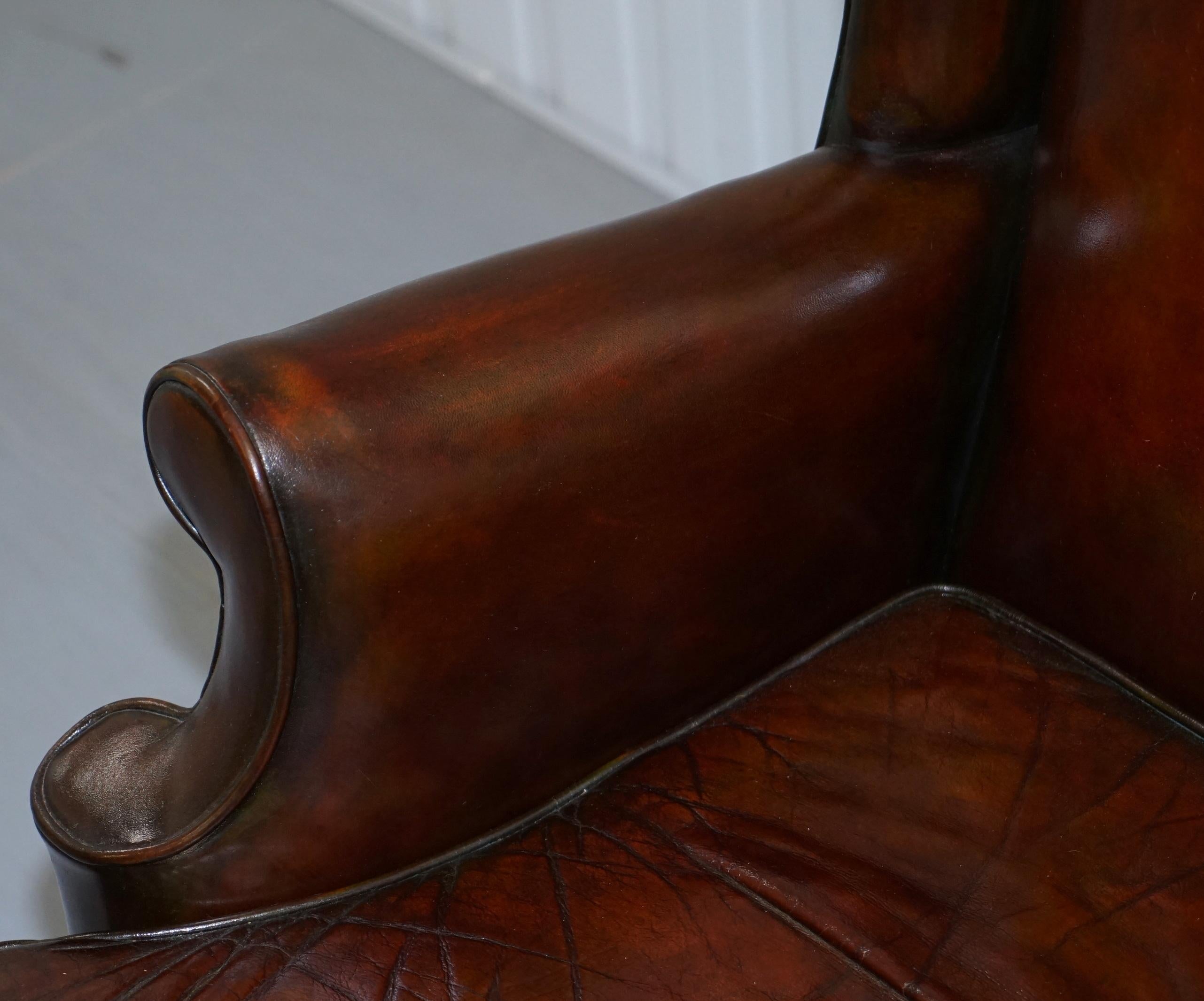 Stunning Pair of Fully Restored Claw and Wingback Cigar Brown Leather Armchairs 10
