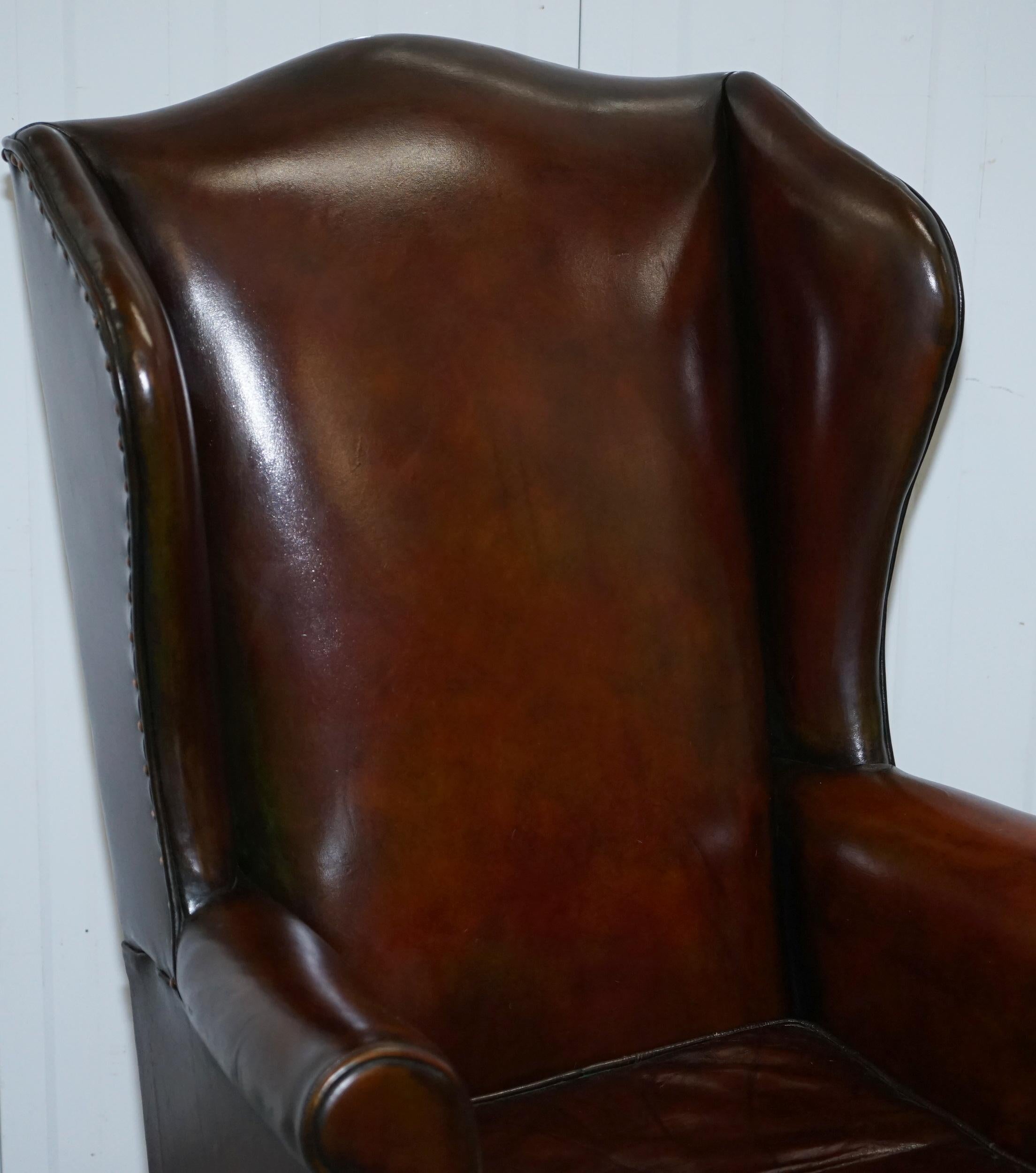 Stunning Pair of Fully Restored Claw and Wingback Cigar Brown Leather Armchairs 11