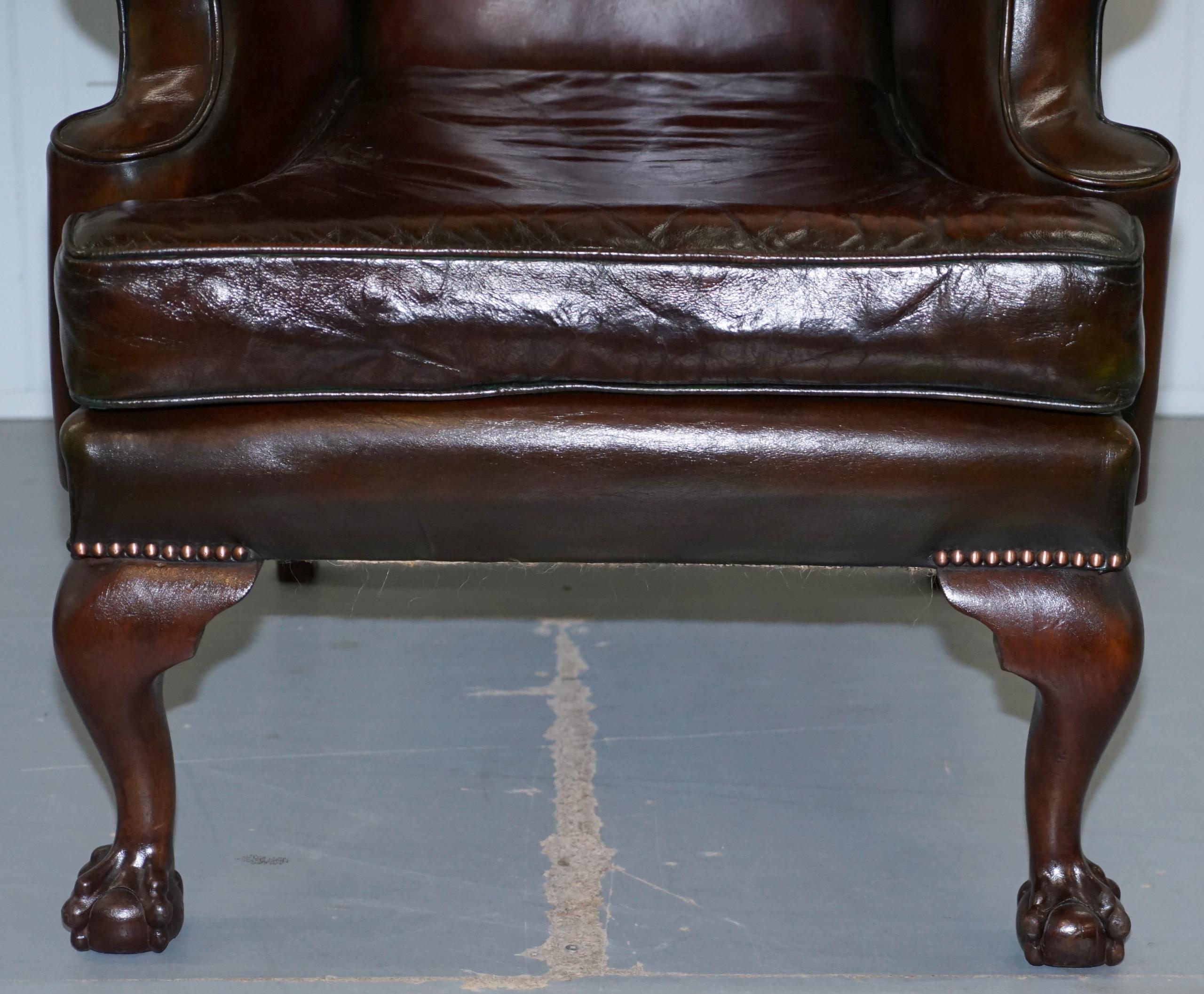 Stunning Pair of Fully Restored Claw and Wingback Cigar Brown Leather Armchairs 1