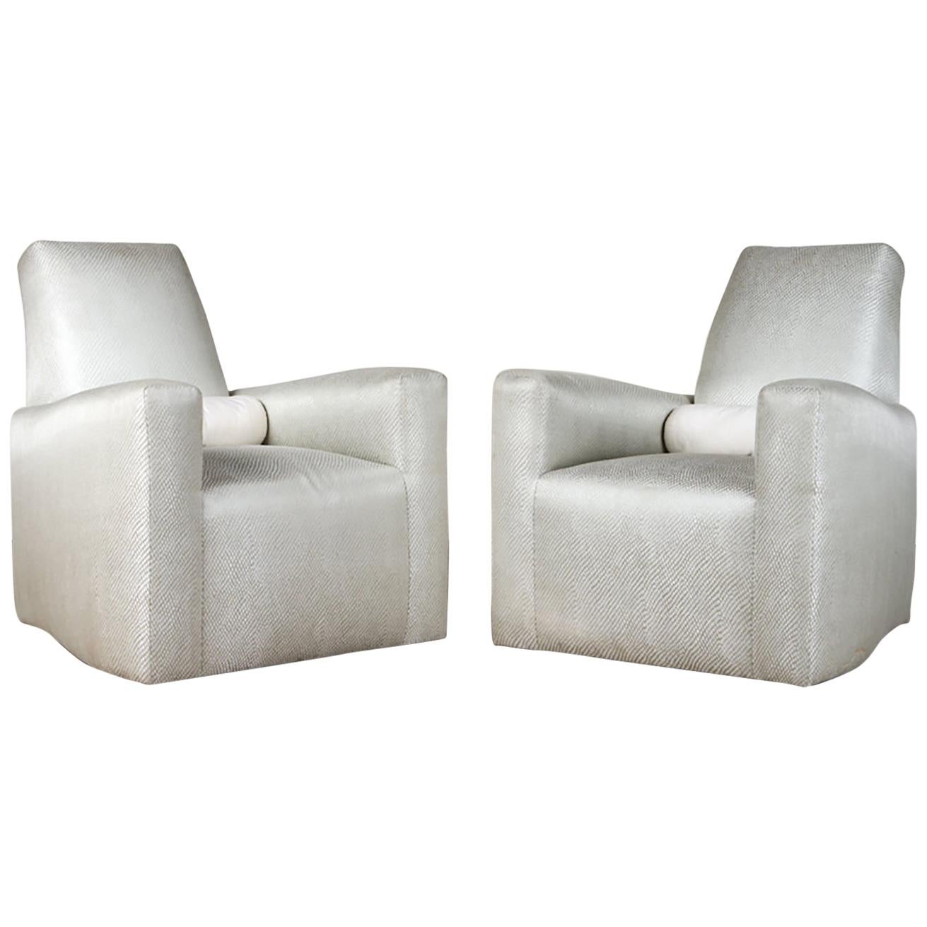 Stunning Pair of Geoffrey Bradfield Custom Club Chairs in a Woven Silver Fabric For Sale