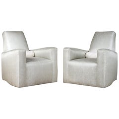 Stunning Pair of Geoffrey Bradfield Custom Club Chairs in a Woven Silver Fabric