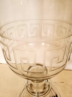 Stunning Pair of Glass Greek Key Motife Candle Holders Hurricanes