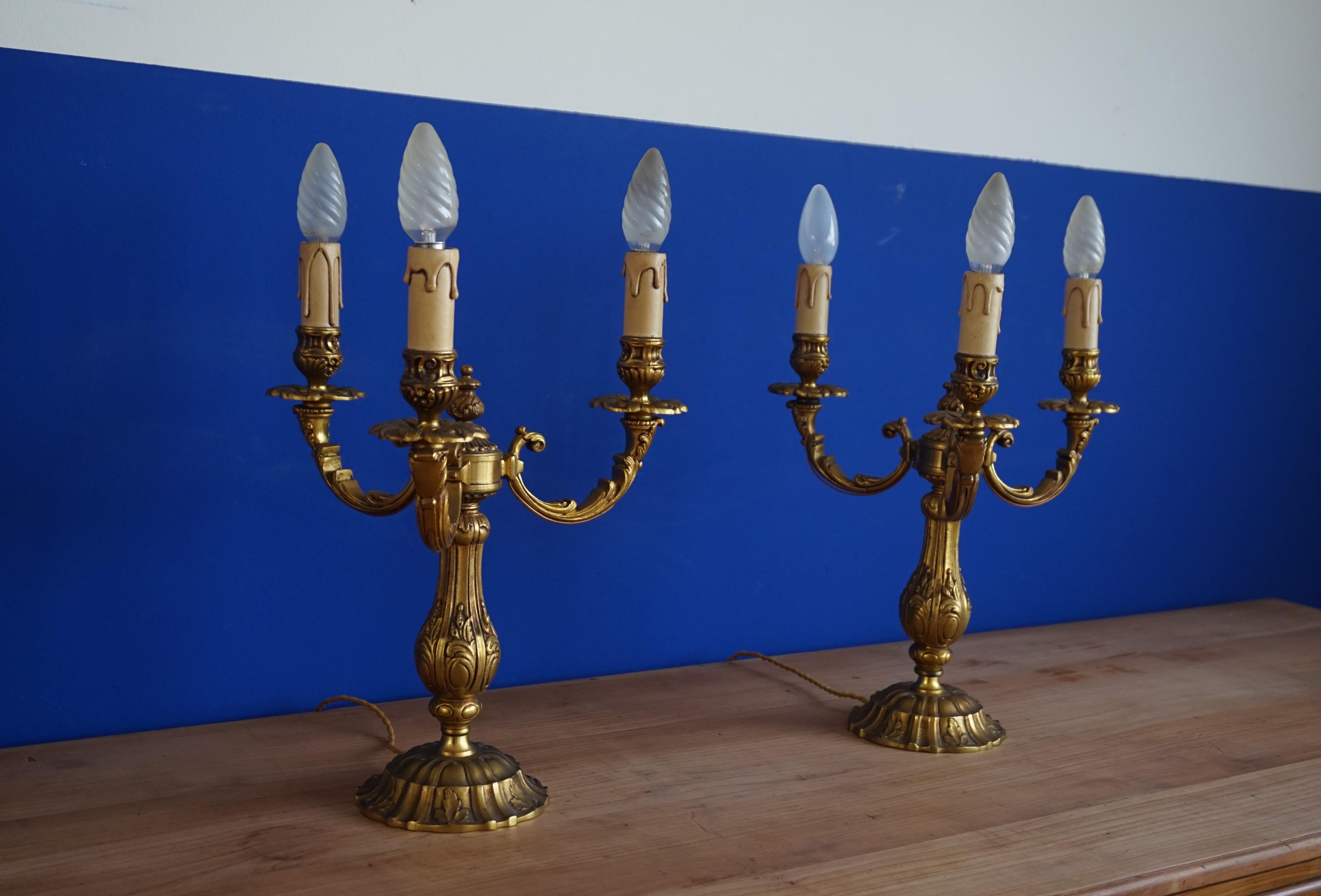 Stunning Pair of Bronze Three Candle Candelabra or Electrical Table Lamps ca1950 For Sale 1