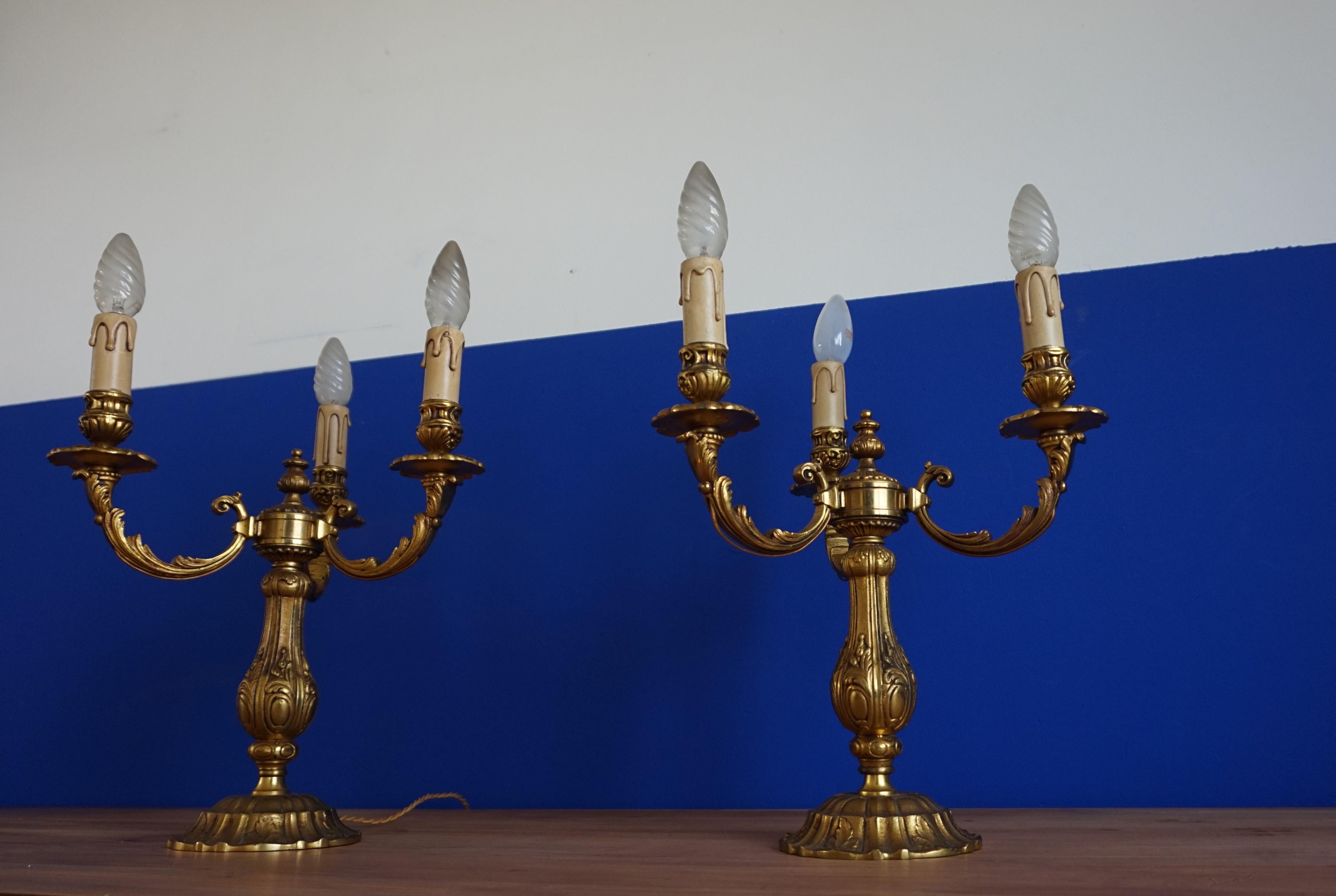 Stunning Pair of Bronze Three Candle Candelabra or Electrical Table Lamps ca1950 For Sale 3