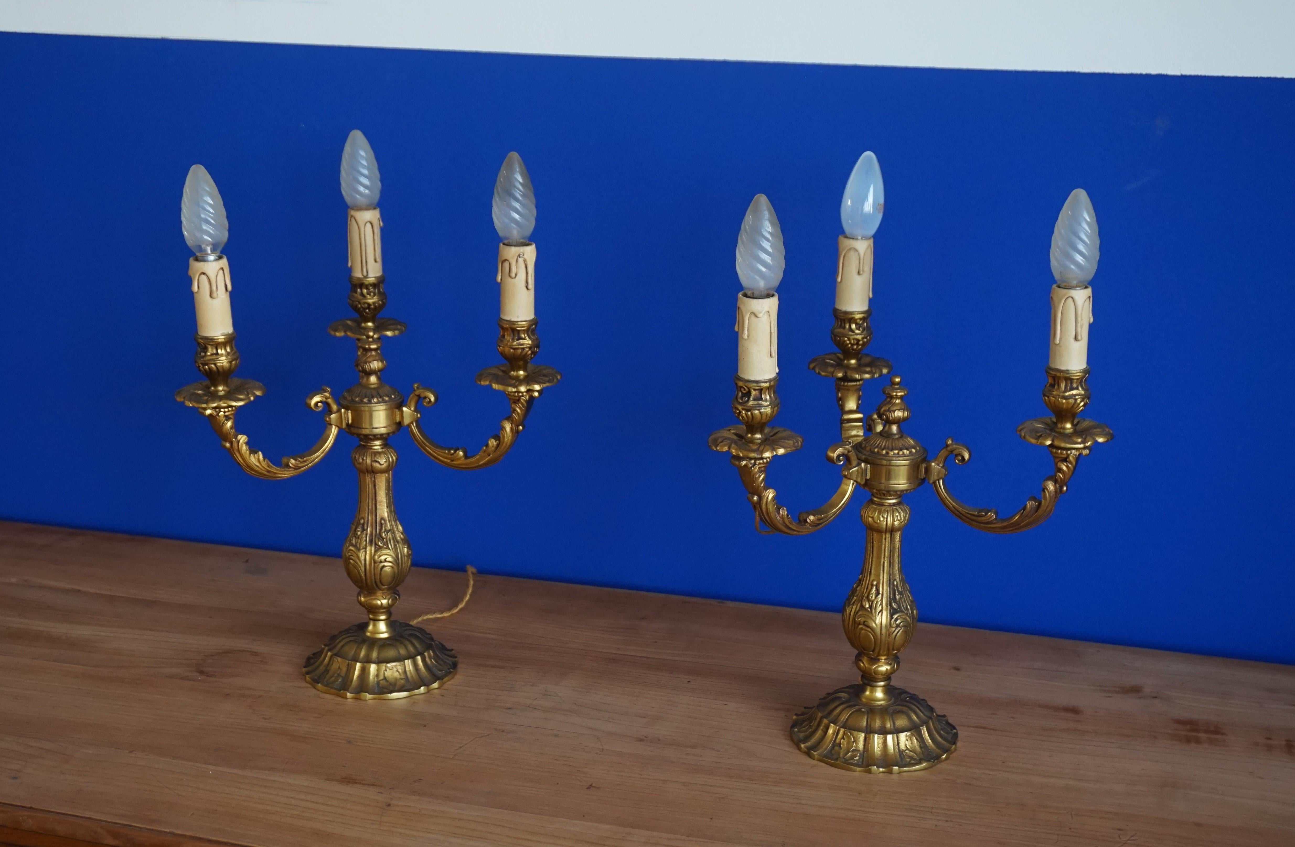 Stunning Pair of Bronze Three Candle Candelabra or Electrical Table Lamps ca1950 For Sale 5