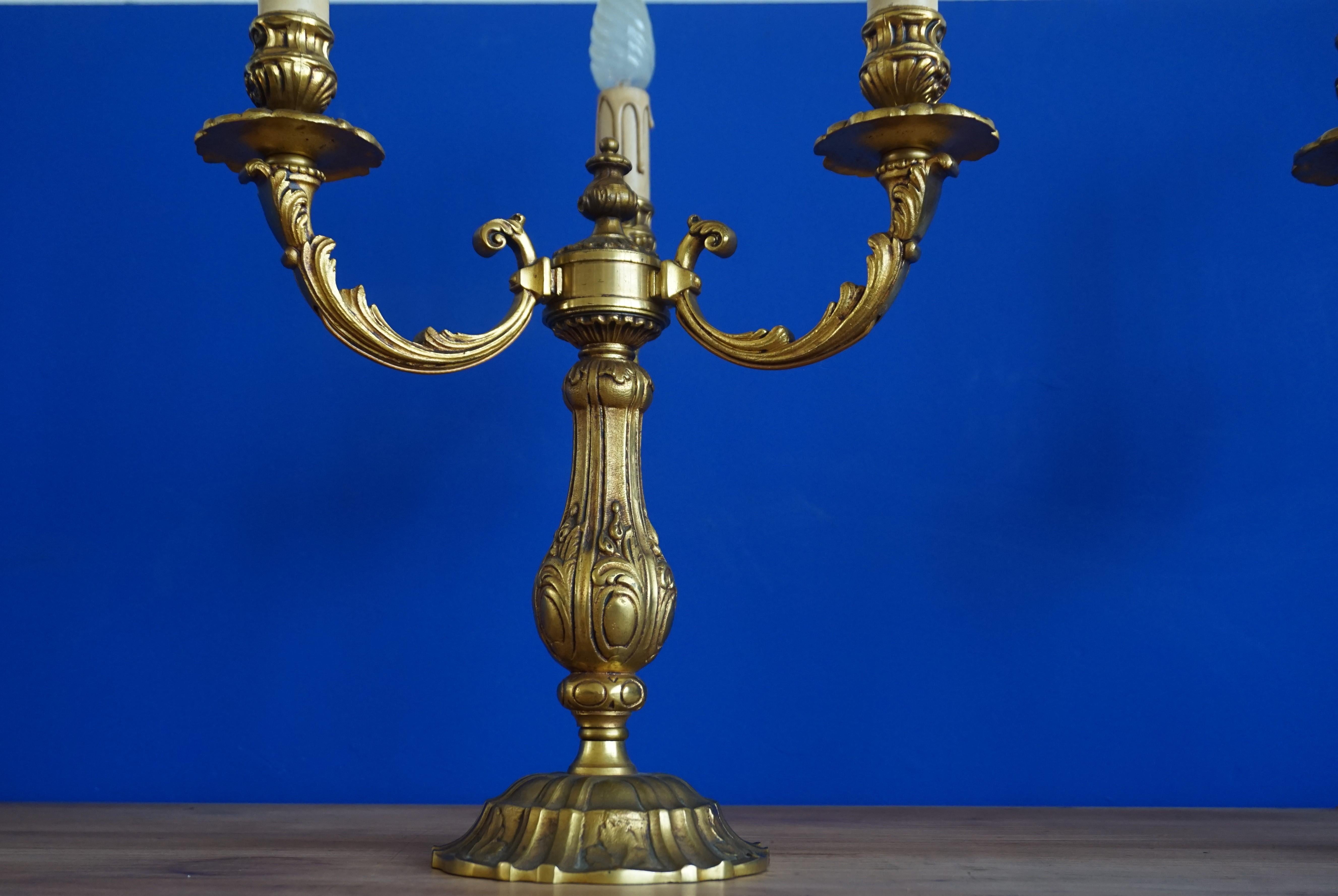 French Stunning Pair of Bronze Three Candle Candelabra or Electrical Table Lamps ca1950 For Sale