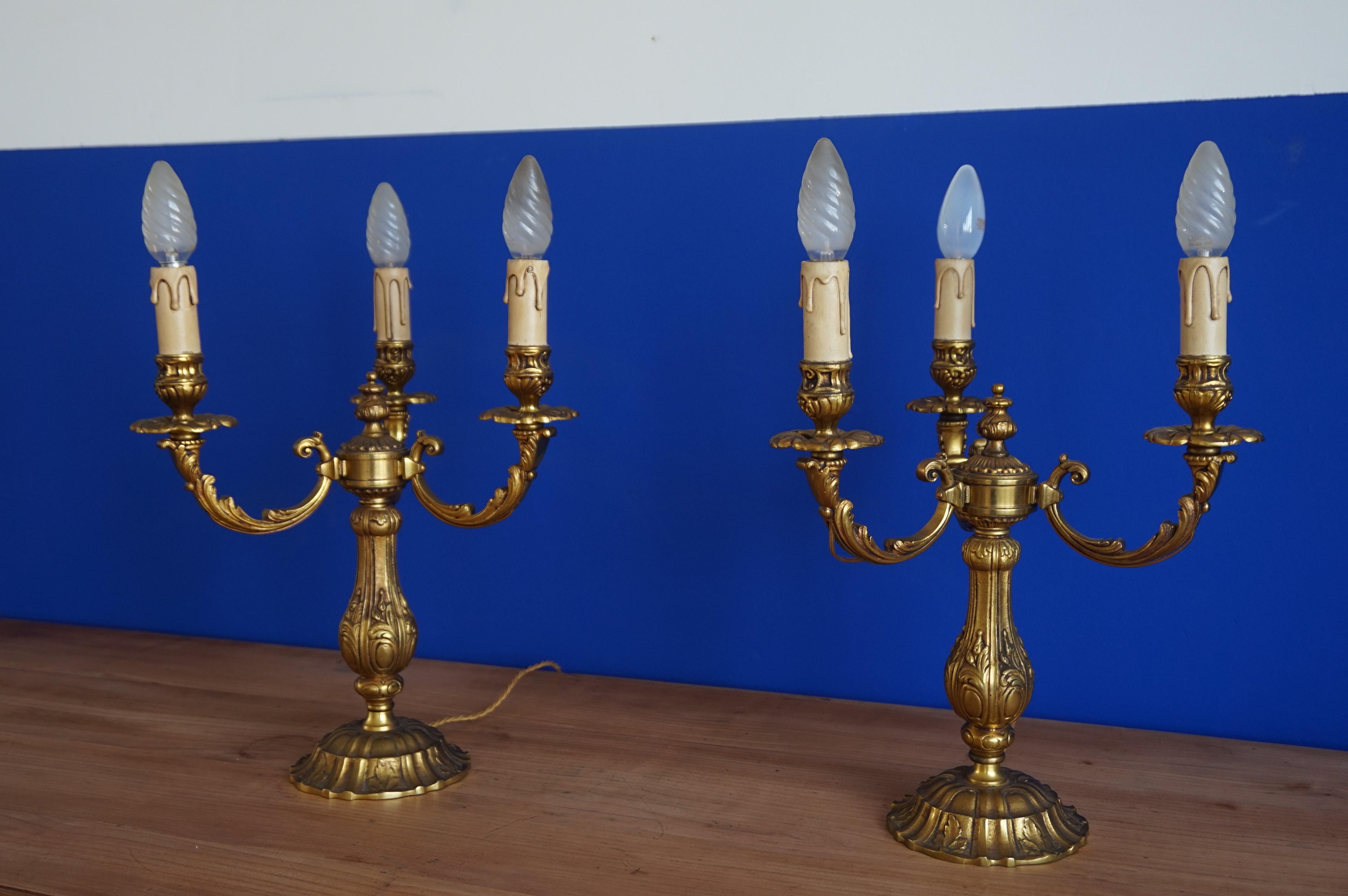 Hand-Crafted Stunning Pair of Bronze Three Candle Candelabra or Electrical Table Lamps ca1950 For Sale
