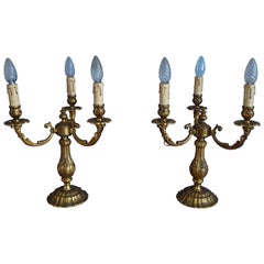 Stunning Pair of Bronze Three Candle Candelabra or Electrical Table Lamps ca1950