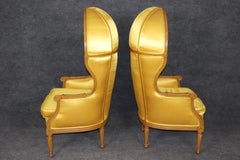 Stunning Pair of Gold Upholstered French Carved Louis XVI Canopy Porter Chairs
