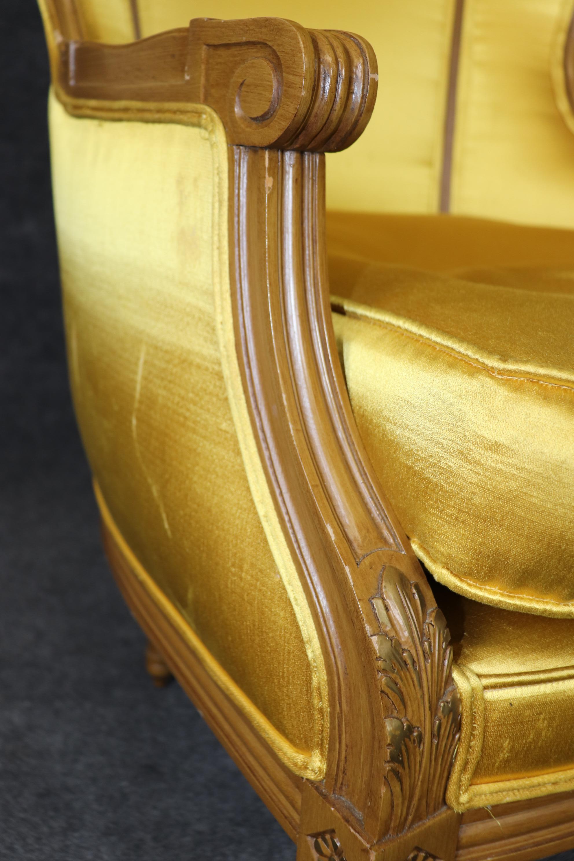 Stunning Pair of Gold Upholstered French Carved Louis XVI Canopy Porter Chairs For Sale 3