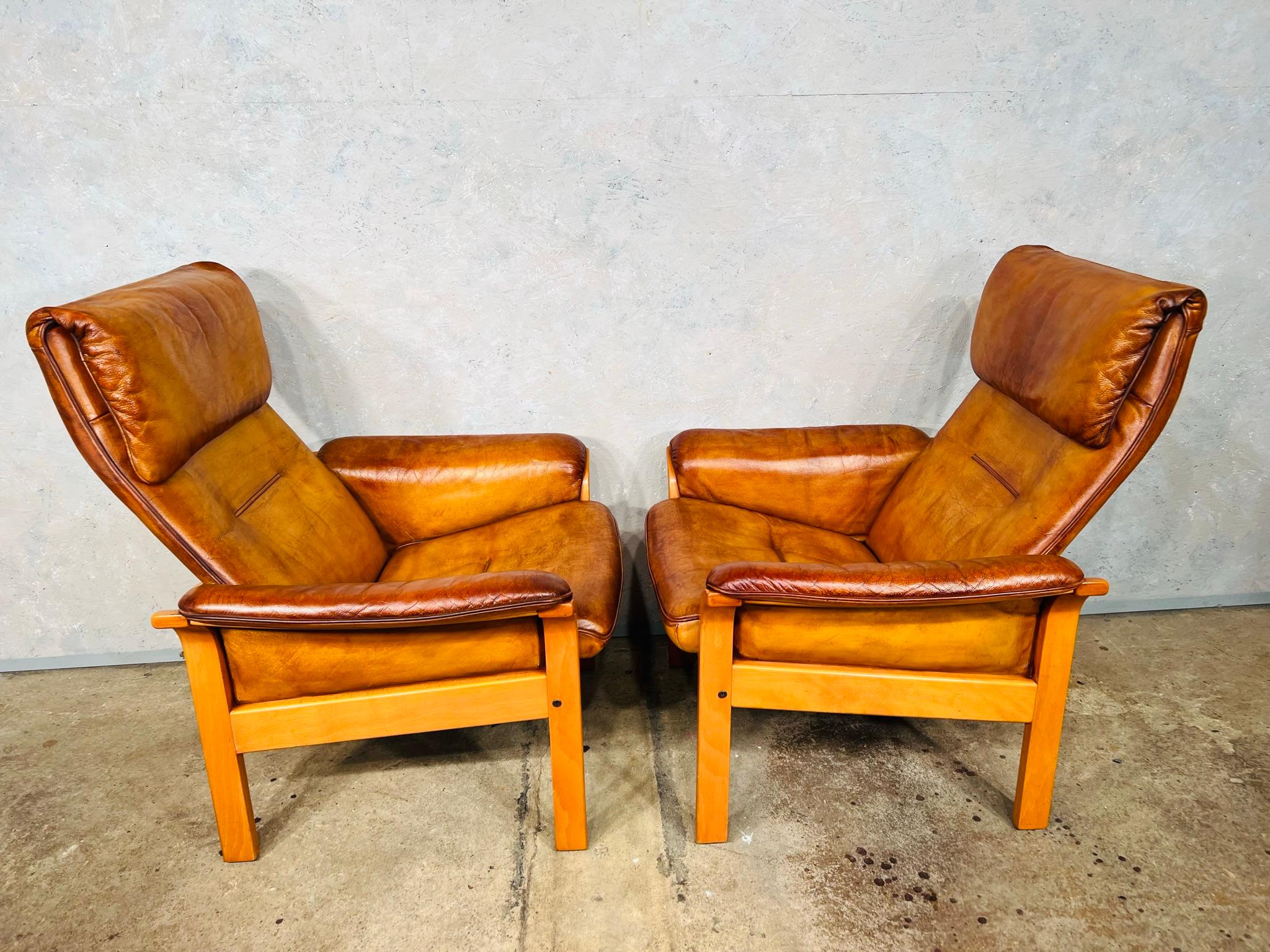 Stunning Pair of Gote Mobler Reclining Leather Armchairs Tan #683 2