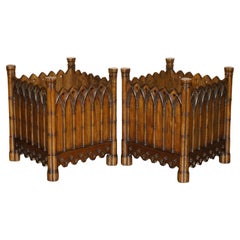 STUNNiNG PAIR OF GOTHIC REVIVAL EXTRA LARGE HAND CARVED WOODEN PLANTERS 72X60CM