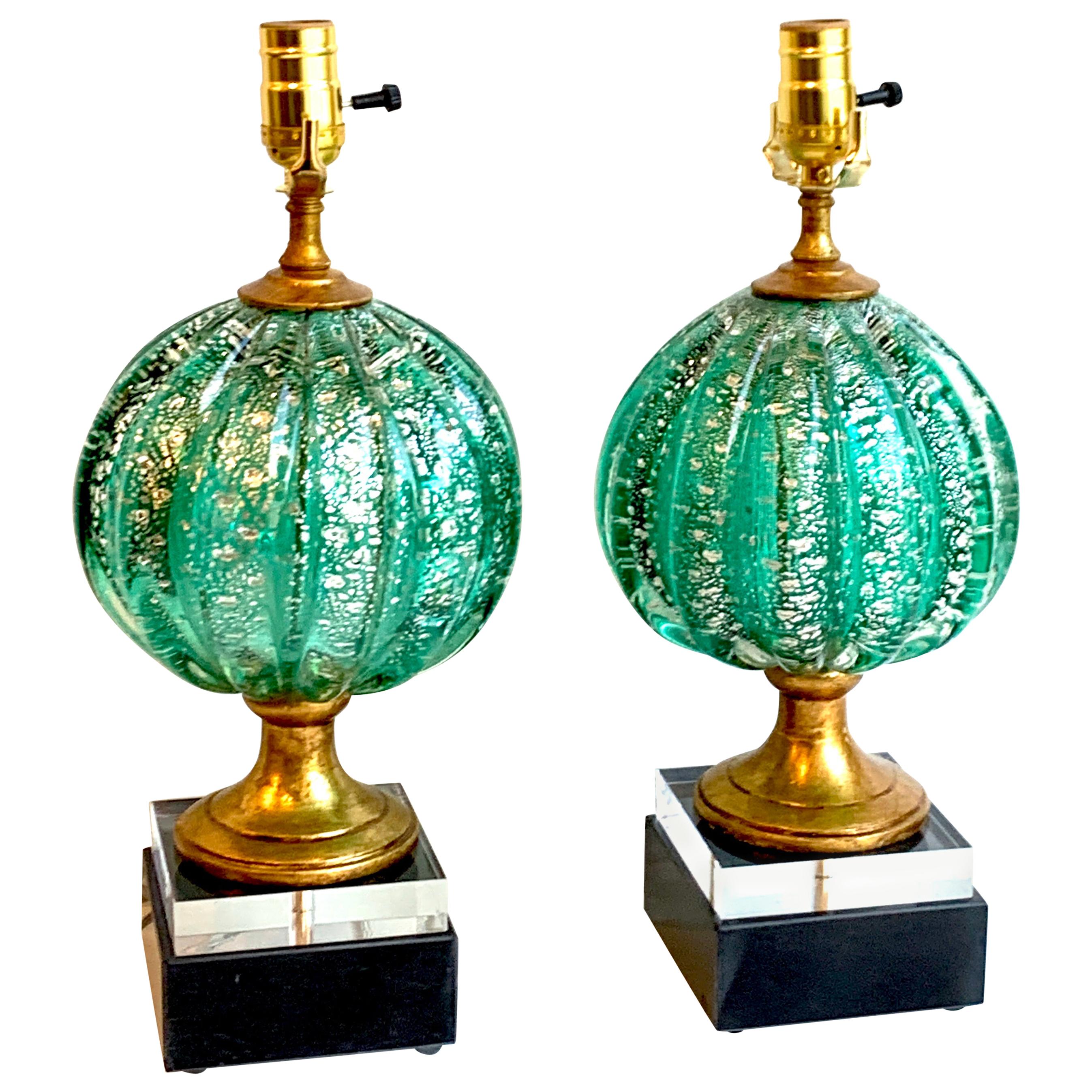 Stunning Pair of Green and Silver Infused Murano Glass Orb Lamps For Sale