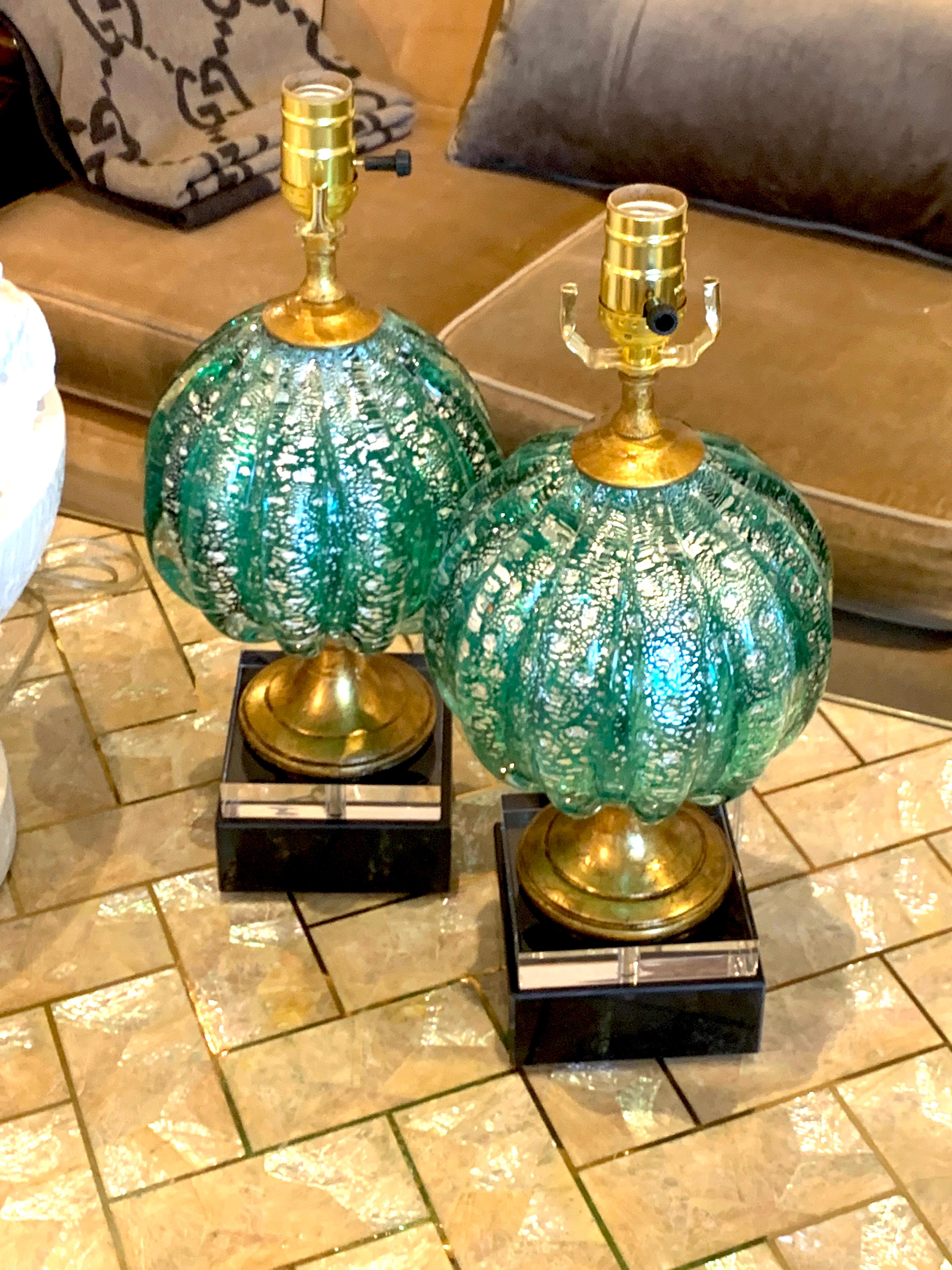 Italian Stunning Pair of Green and Silver Infused Murano Glass Orb Lamps For Sale