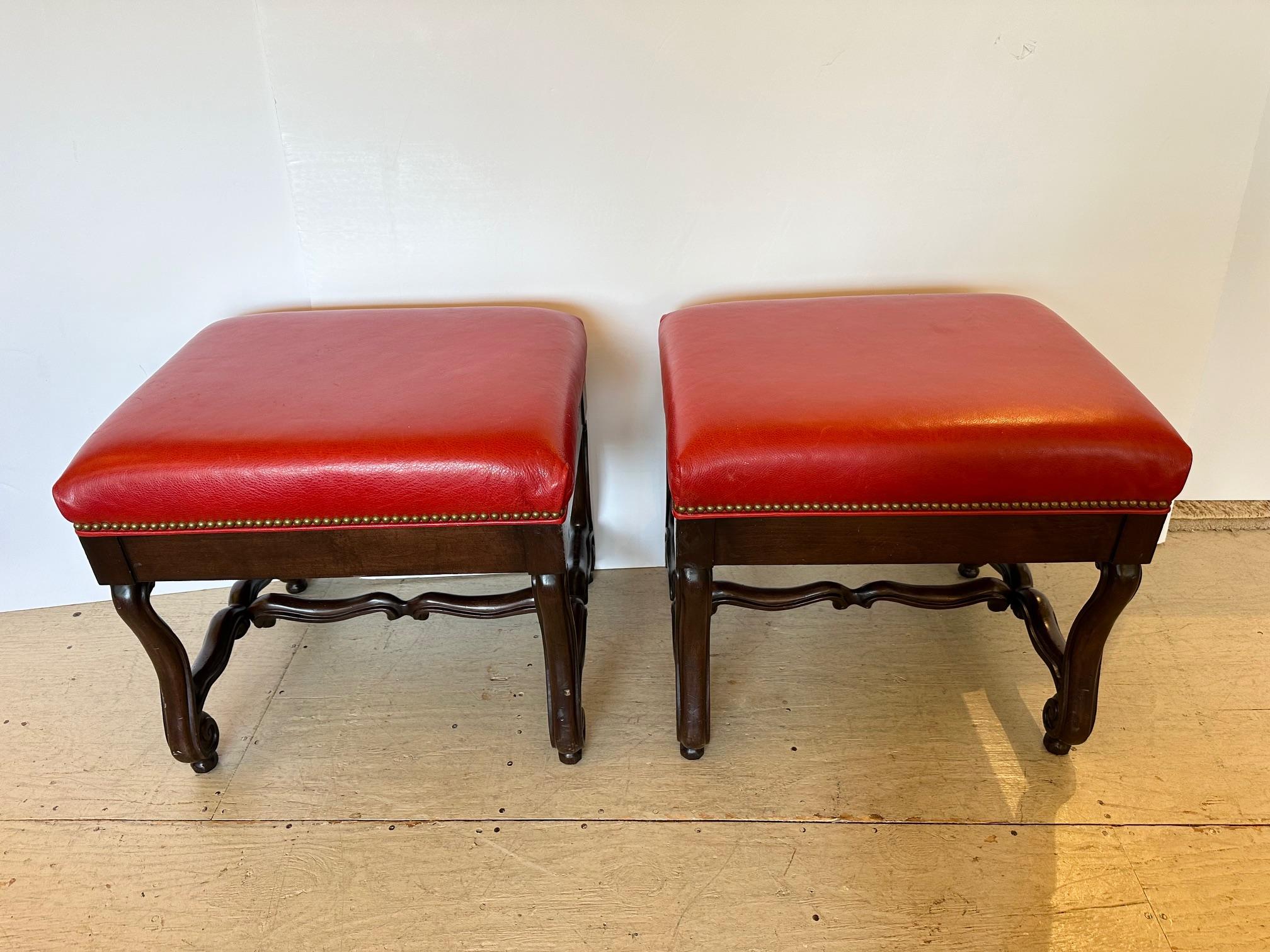Stunning Pair of Hancock & Moore Red Leather & Walnut Benches 3