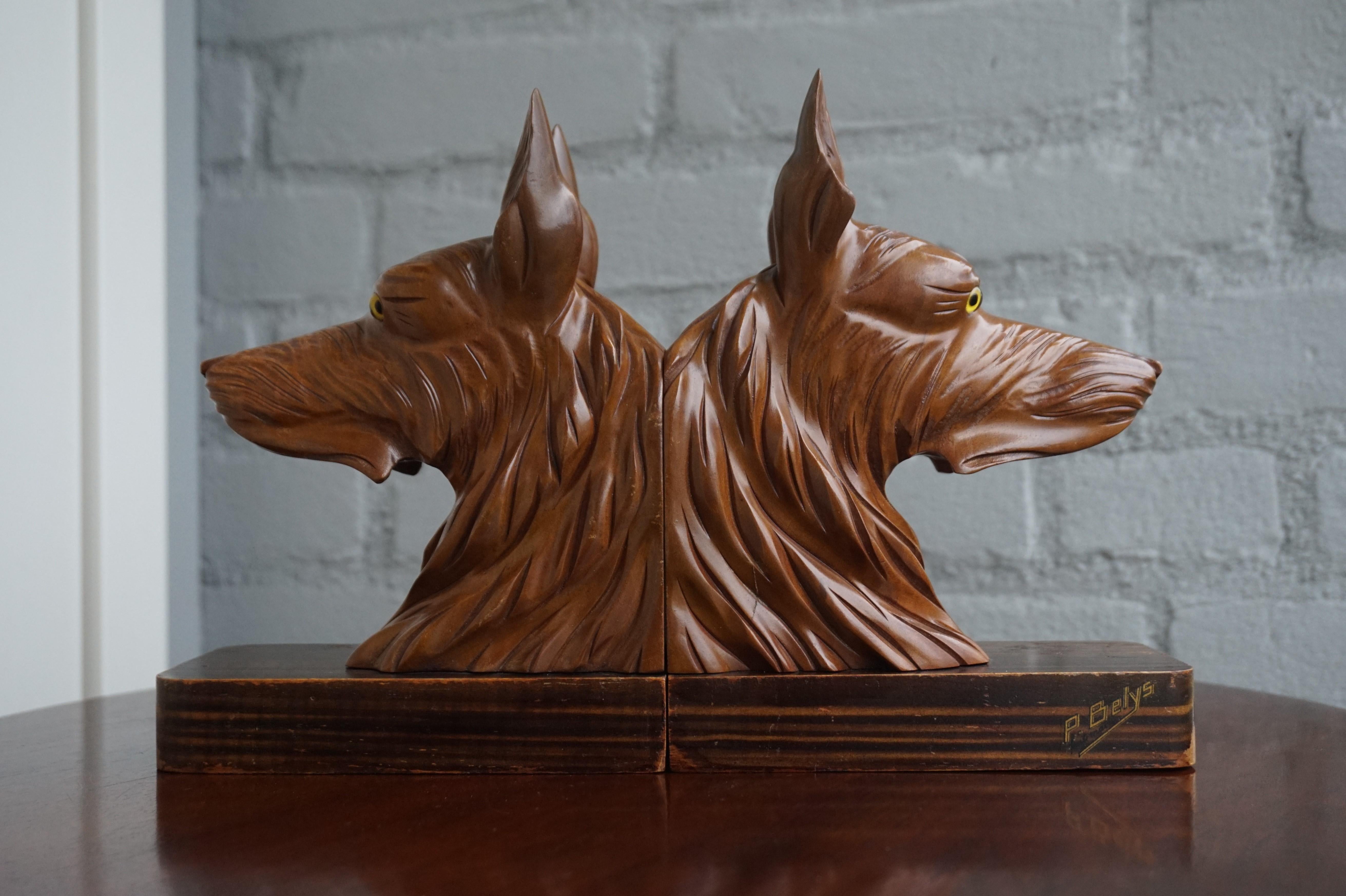 20th Century Stunning Pair of Hand Carved French Sheepdog Sculptures or Cherrywood Bookends