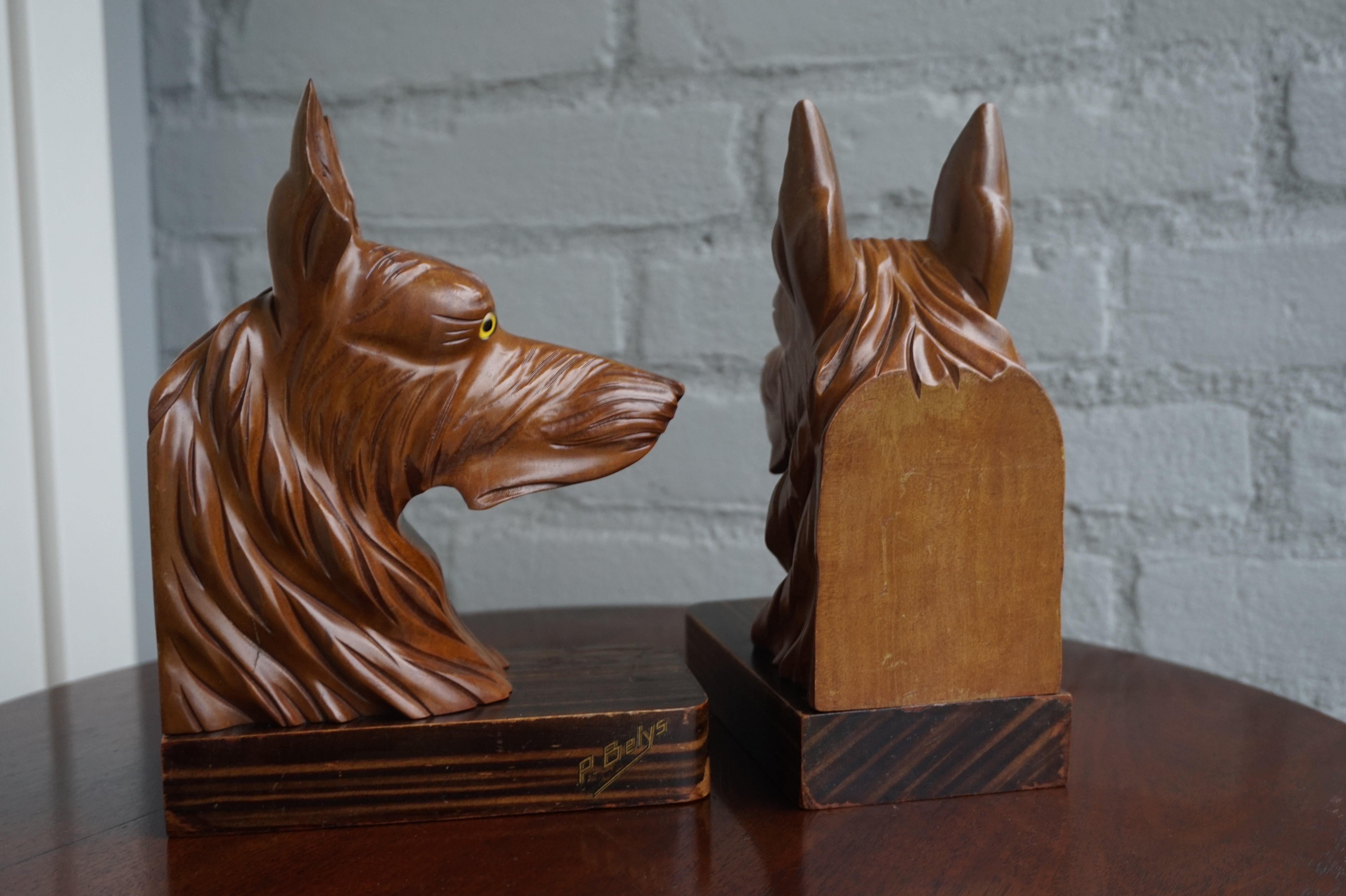 Stunning Pair of Hand Carved French Sheepdog Sculptures or Cherrywood Bookends 1